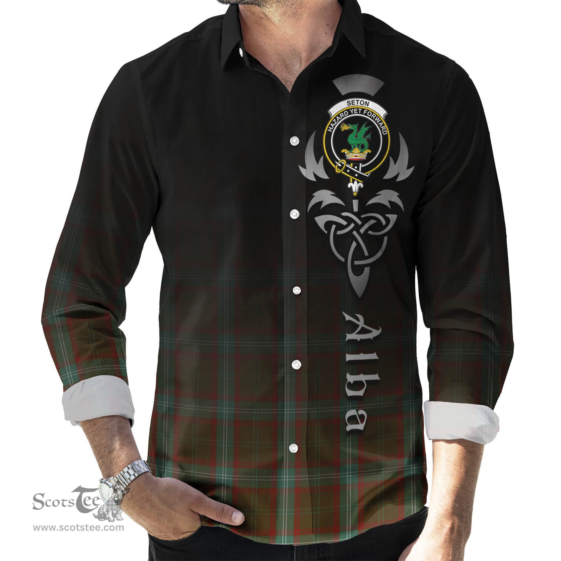 ScotsTee Shop Scottish Seton Hunting Clan Crest Tartan Alba Gu Brath Celtic Inspired Tartan Long Sleeve Shirt