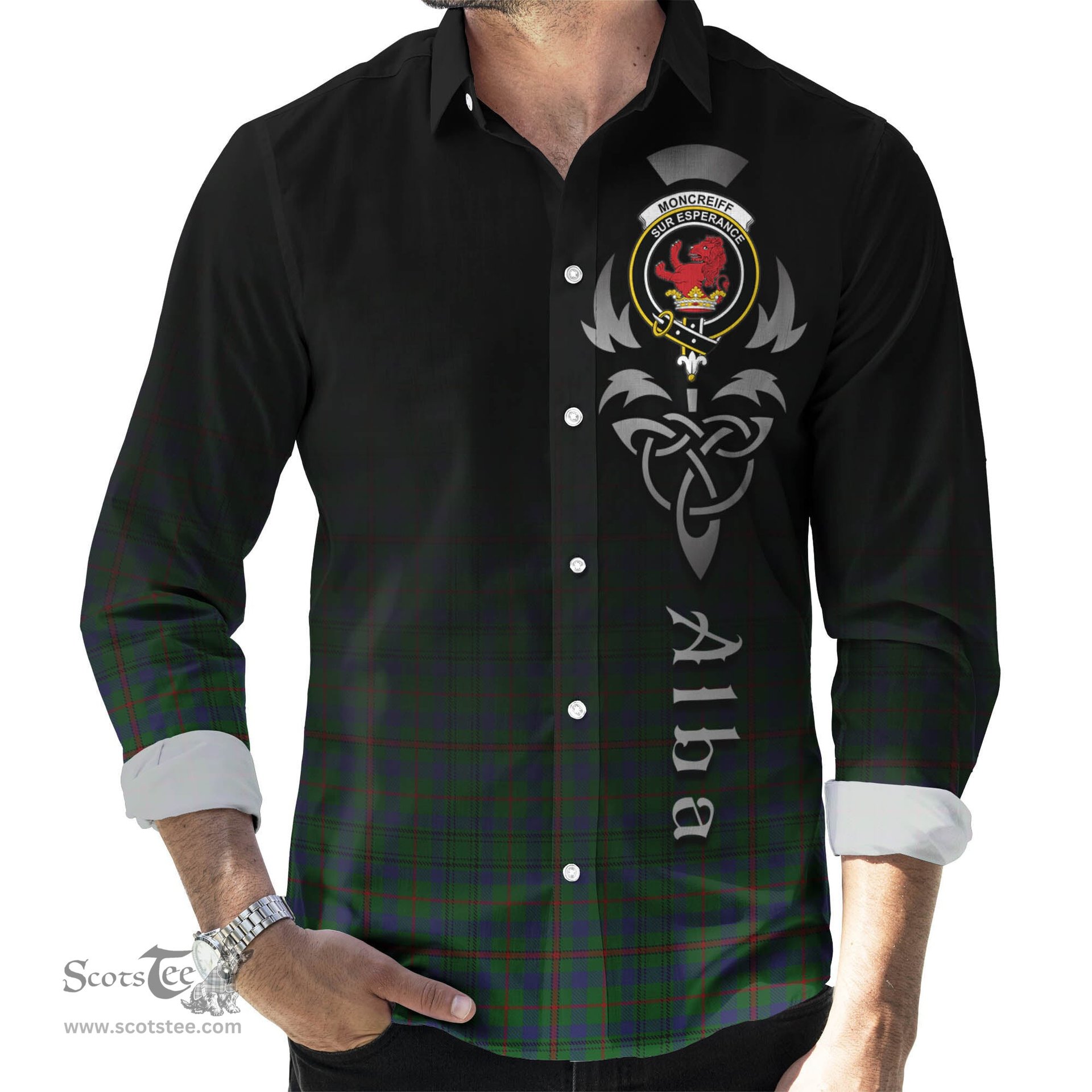 ScotsTee Shop Scottish Moncrieff of Atholl Clan Crest Tartan Alba Gu Brath Celtic Inspired Tartan Long Sleeve Shirt
