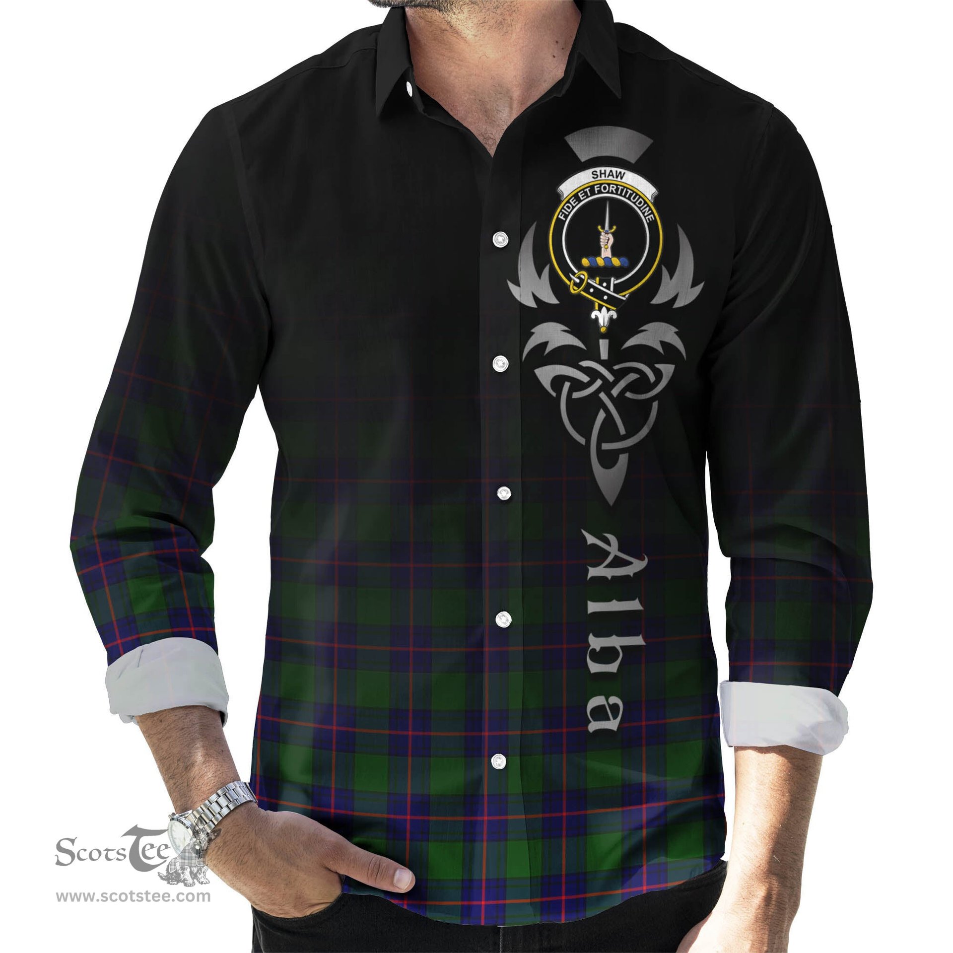 ScotsTee Shop Scottish Shaw Modern Clan Crest Tartan Alba Gu Brath Celtic Inspired Tartan Long Sleeve Shirt