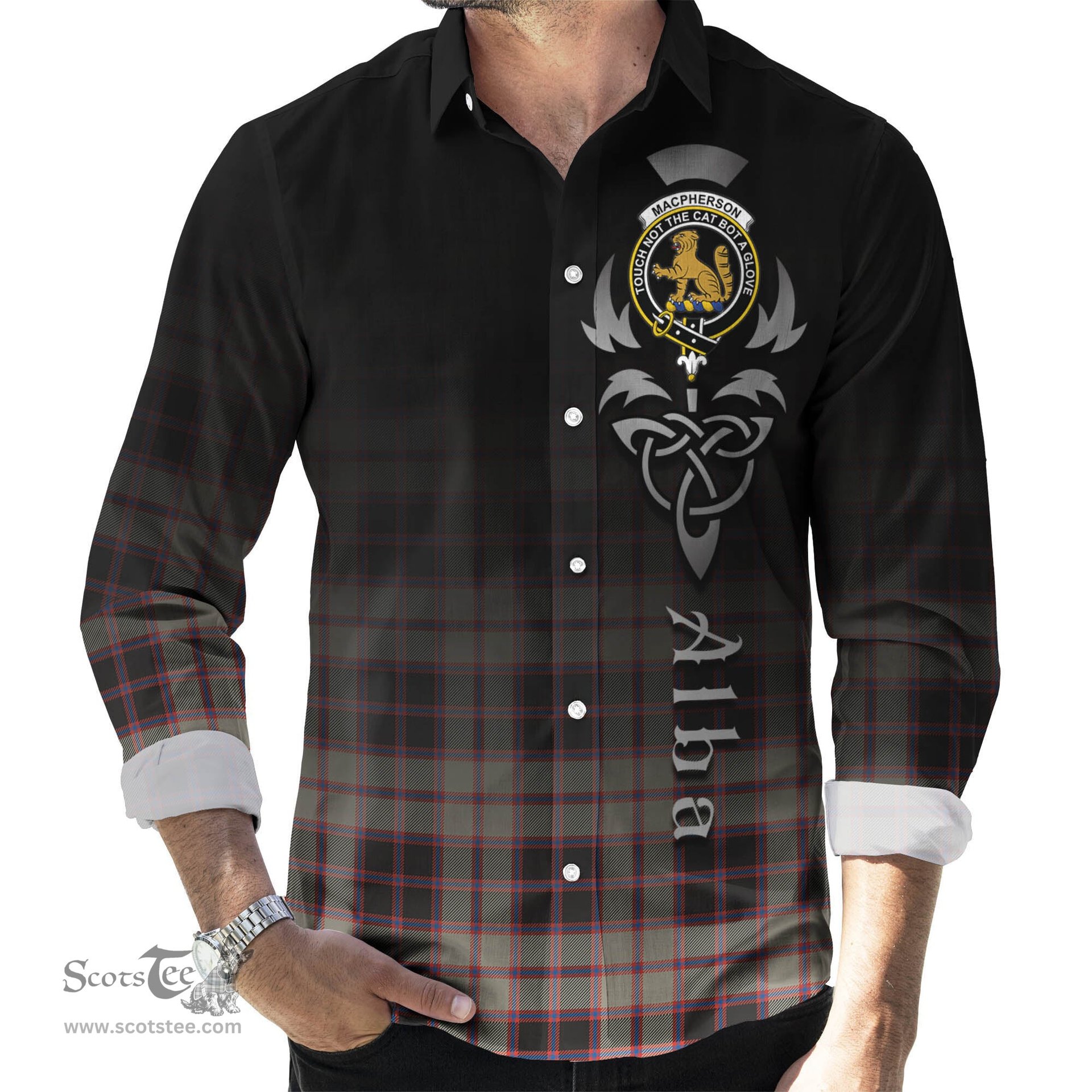 ScotsTee Shop Scottish MacPherson Hunting Ancient Clan Crest Tartan Alba Gu Brath Celtic Inspired Tartan Long Sleeve Shirt