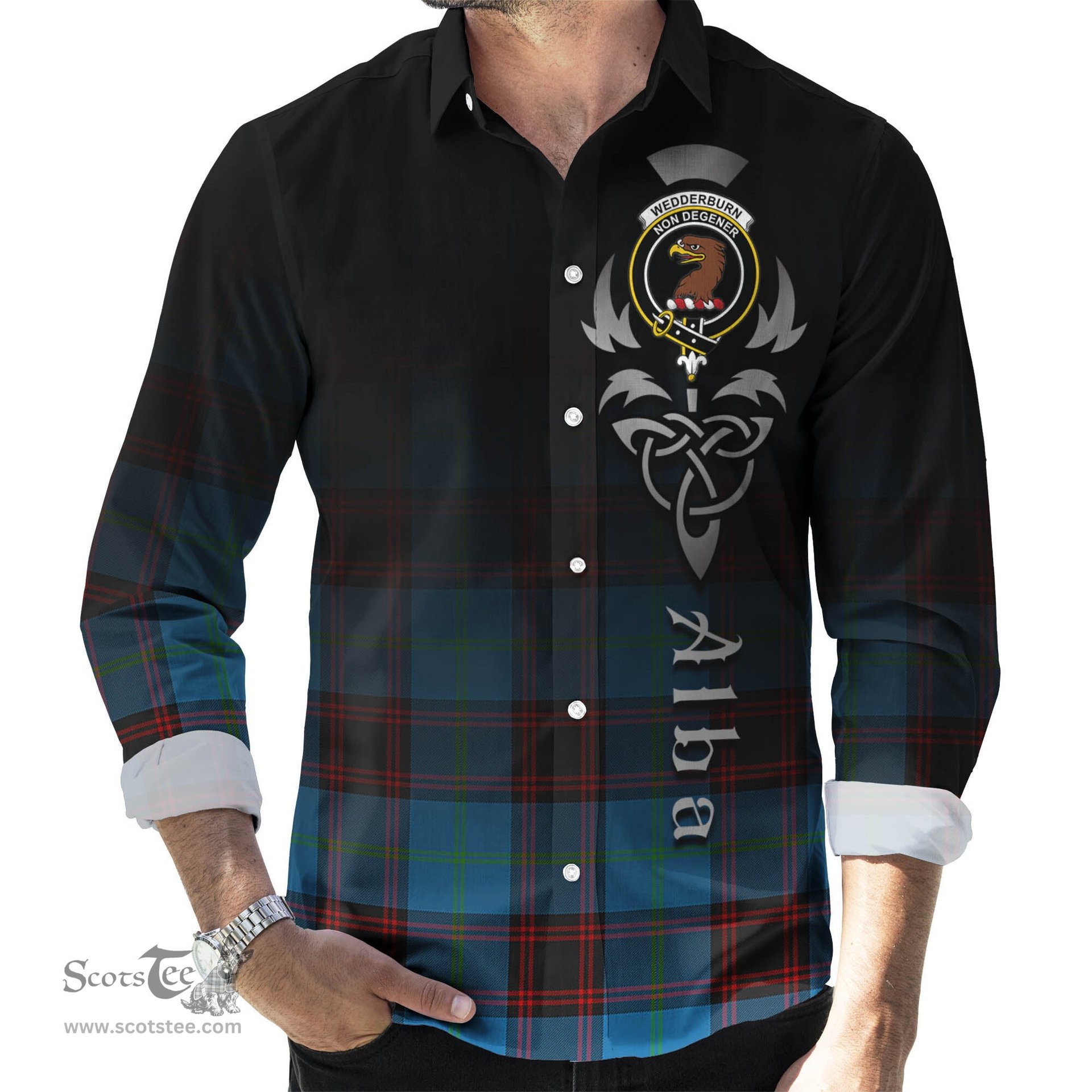 ScotsTee Shop Scottish Wedderburn Clan Crest Tartan Alba Gu Brath Celtic Inspired Tartan Long Sleeve Shirt