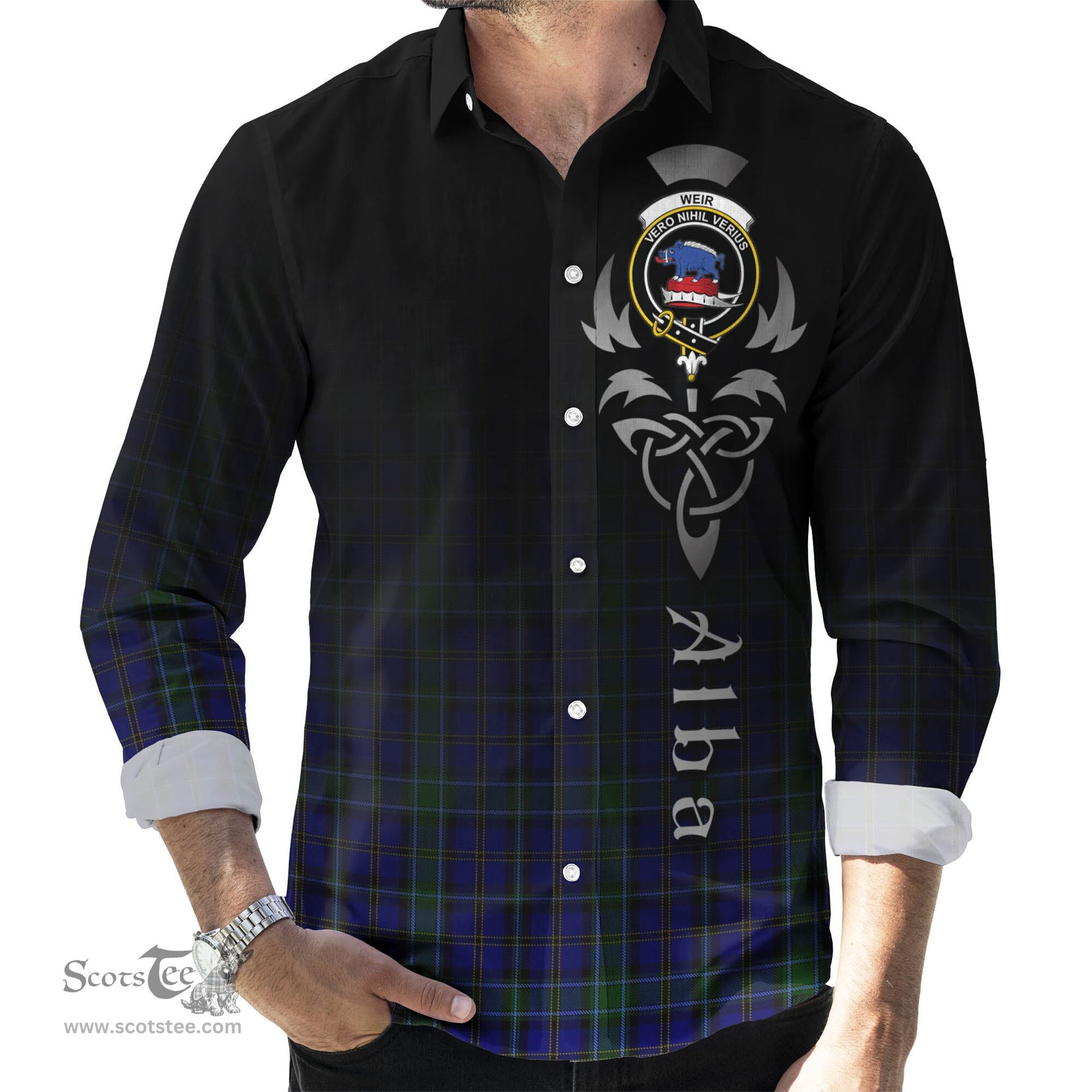 ScotsTee Shop Scottish Weir Clan Crest Tartan Alba Gu Brath Celtic Inspired Tartan Long Sleeve Shirt