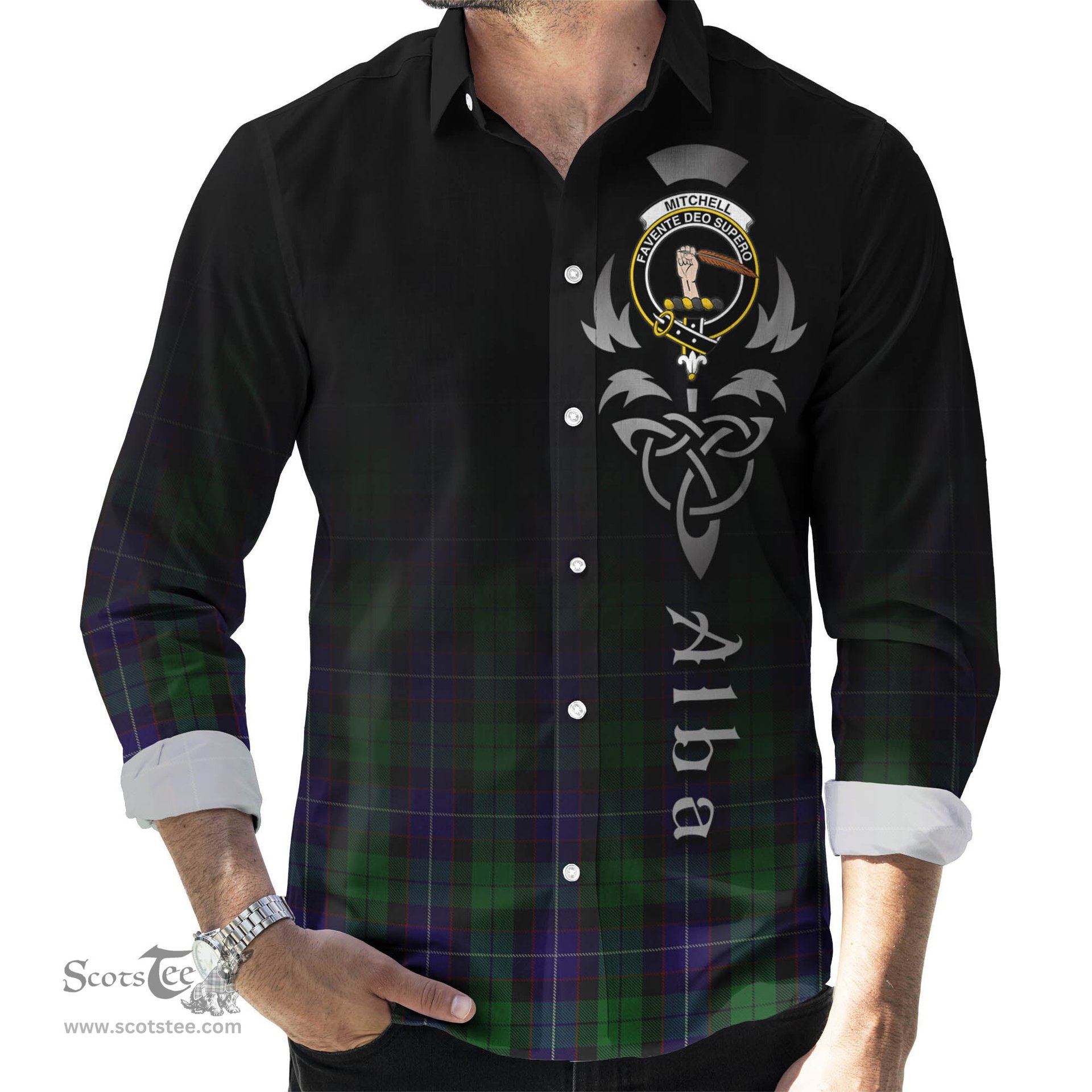 ScotsTee Shop Scottish Mitchell Clan Crest Tartan Alba Gu Brath Celtic Inspired Tartan Long Sleeve Shirt