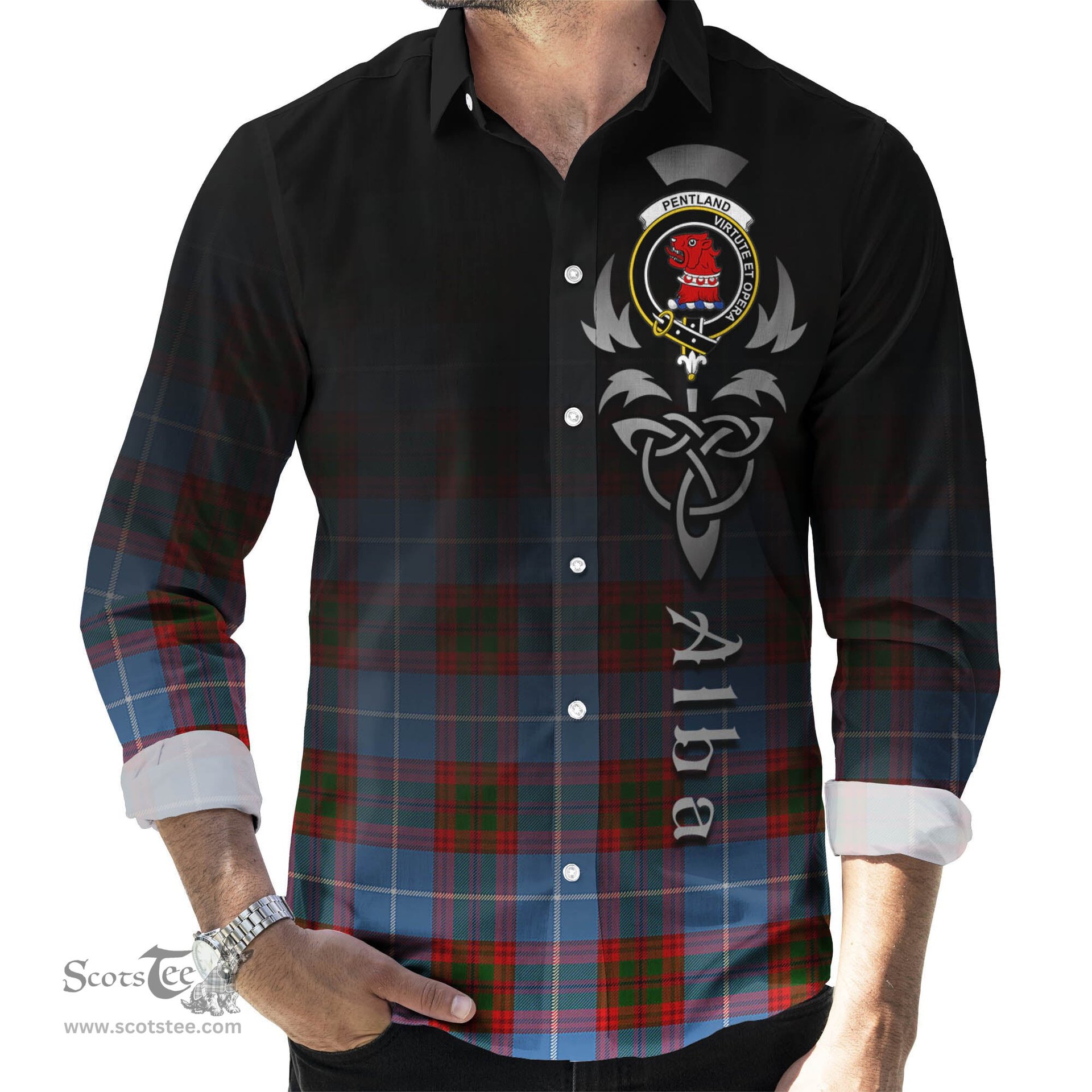 ScotsTee Shop Scottish Pentland Clan Crest Tartan Alba Gu Brath Celtic Inspired Tartan Long Sleeve Shirt