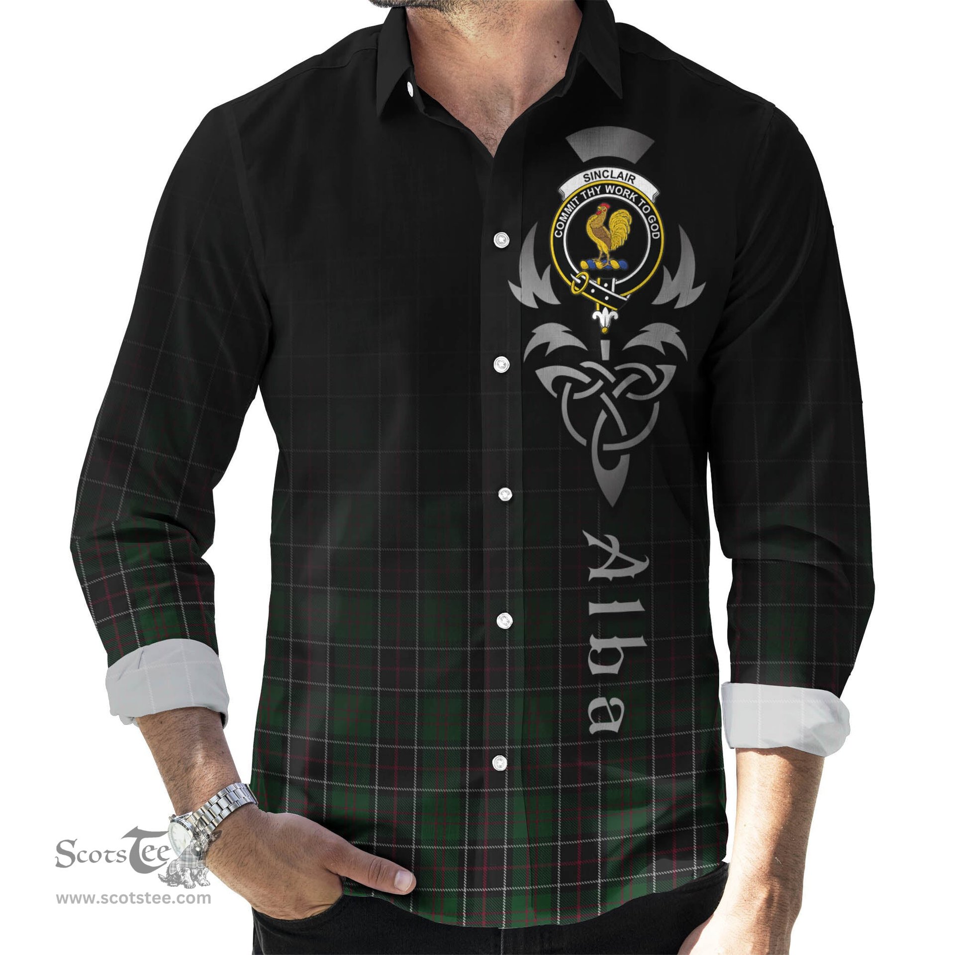 ScotsTee Shop Scottish Sinclair Hunting Clan Crest Tartan Alba Gu Brath Celtic Inspired Tartan Long Sleeve Shirt