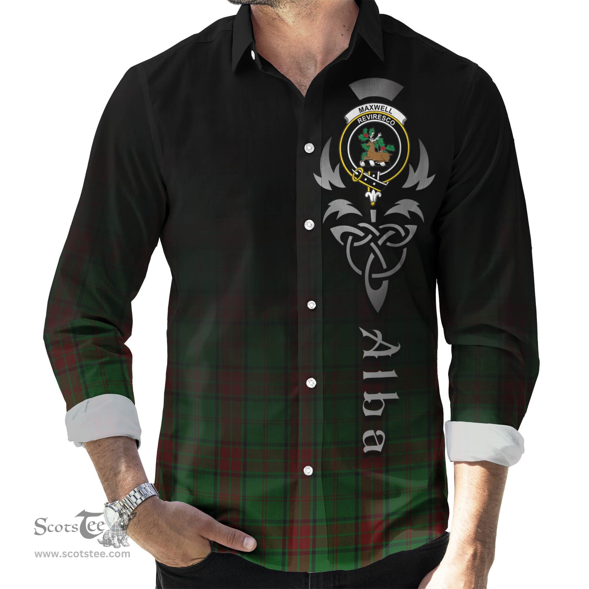 ScotsTee Shop Scottish Maxwell Hunting Clan Crest Tartan Alba Gu Brath Celtic Inspired Tartan Long Sleeve Shirt