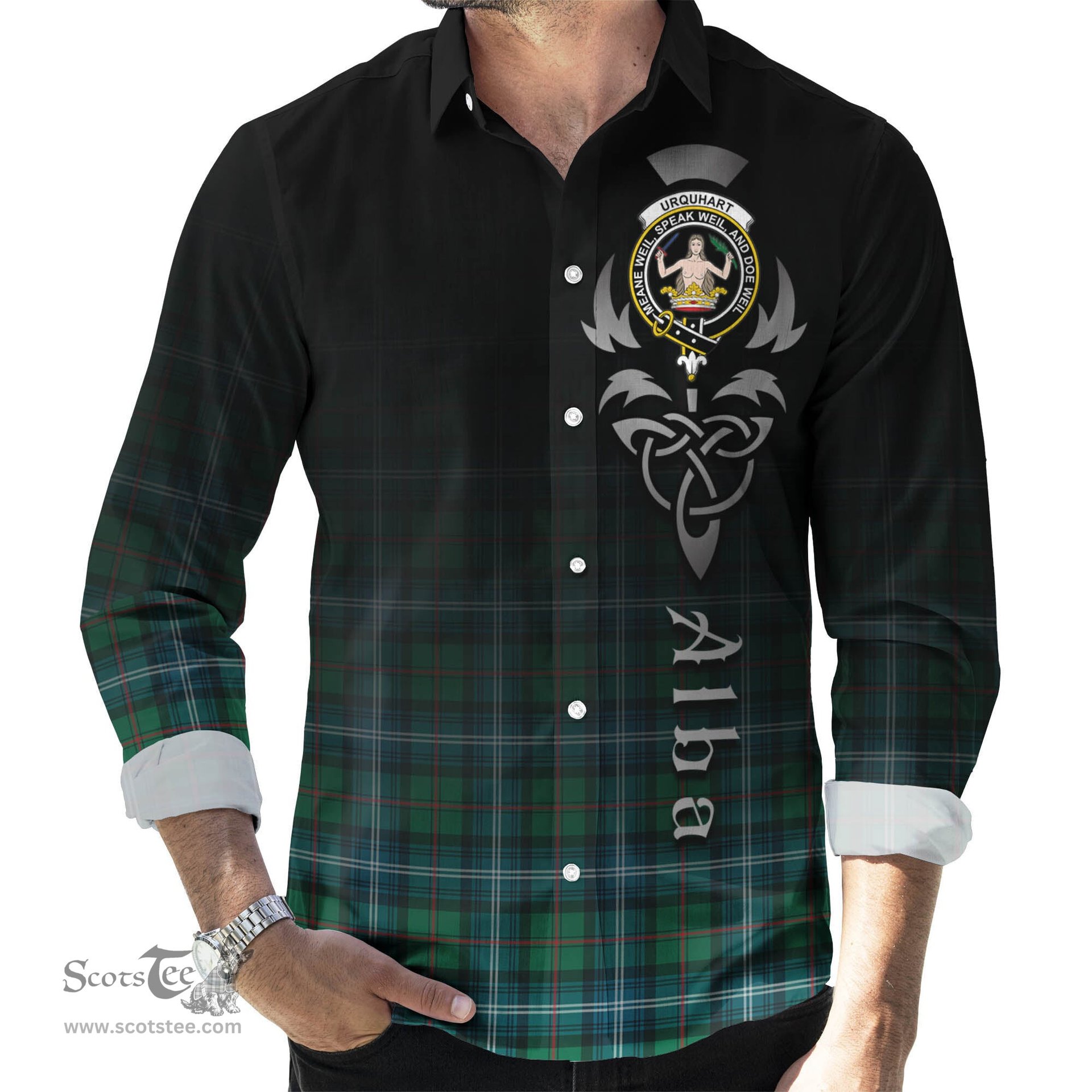 ScotsTee Shop Scottish Urquhart Ancient Clan Crest Tartan Alba Gu Brath Celtic Inspired Tartan Long Sleeve Shirt