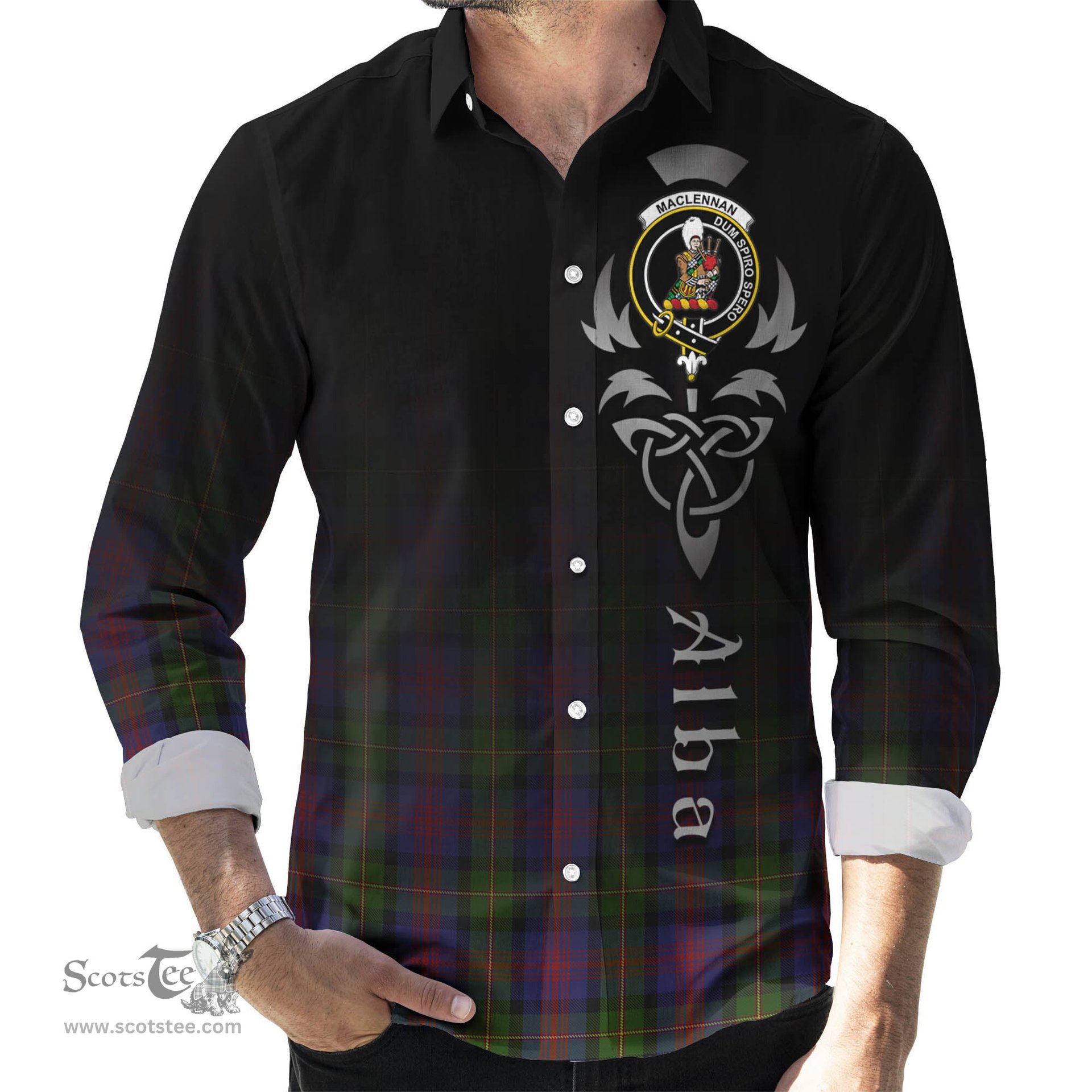 ScotsTee Shop Scottish MacLennan Clan Crest Tartan Alba Gu Brath Celtic Inspired Tartan Long Sleeve Shirt