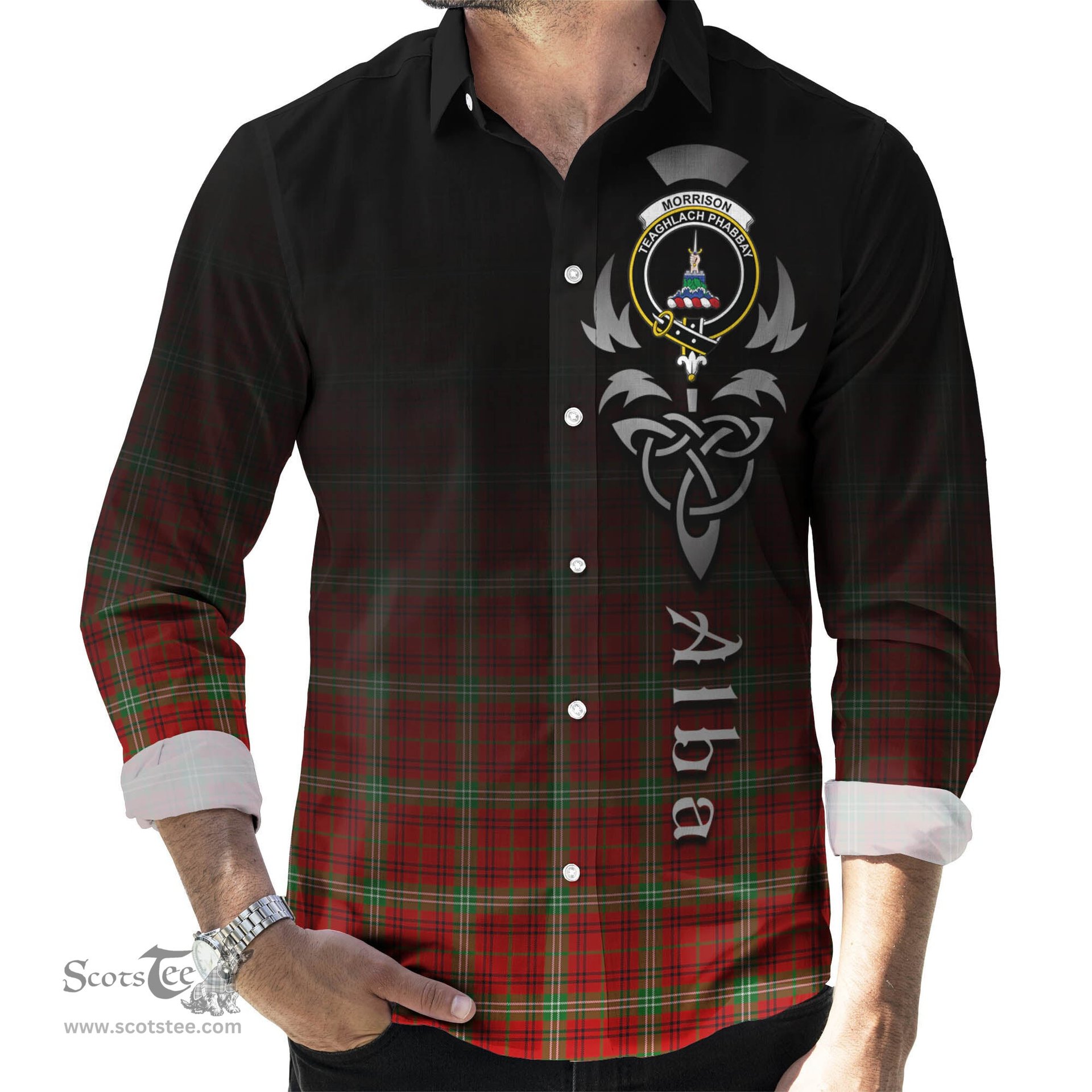 ScotsTee Shop Scottish Morrison Red Modern Clan Crest Tartan Alba Gu Brath Celtic Inspired Tartan Long Sleeve Shirt