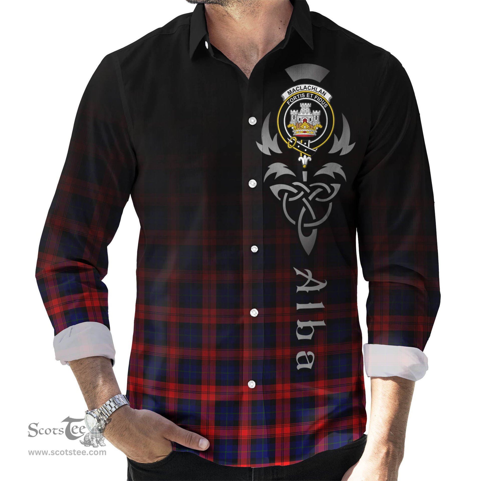 ScotsTee Shop Scottish MacLachlan Modern Clan Crest Tartan Alba Gu Brath Celtic Inspired Tartan Long Sleeve Shirt