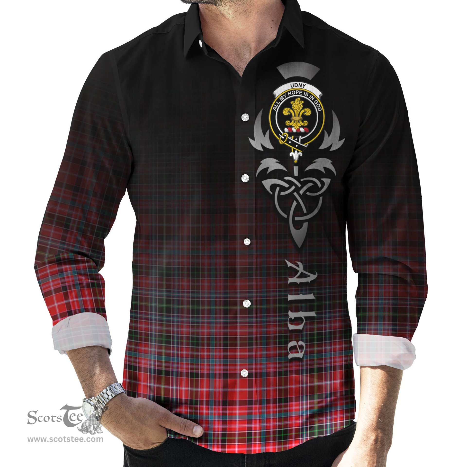 ScotsTee Shop Scottish Udny Clan Crest Tartan Alba Gu Brath Celtic Inspired Tartan Long Sleeve Shirt