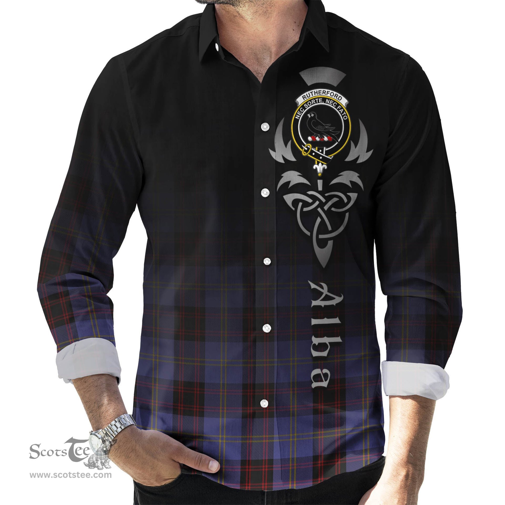 ScotsTee Shop Scottish Rutherford Clan Crest Tartan Alba Gu Brath Celtic Inspired Tartan Long Sleeve Shirt