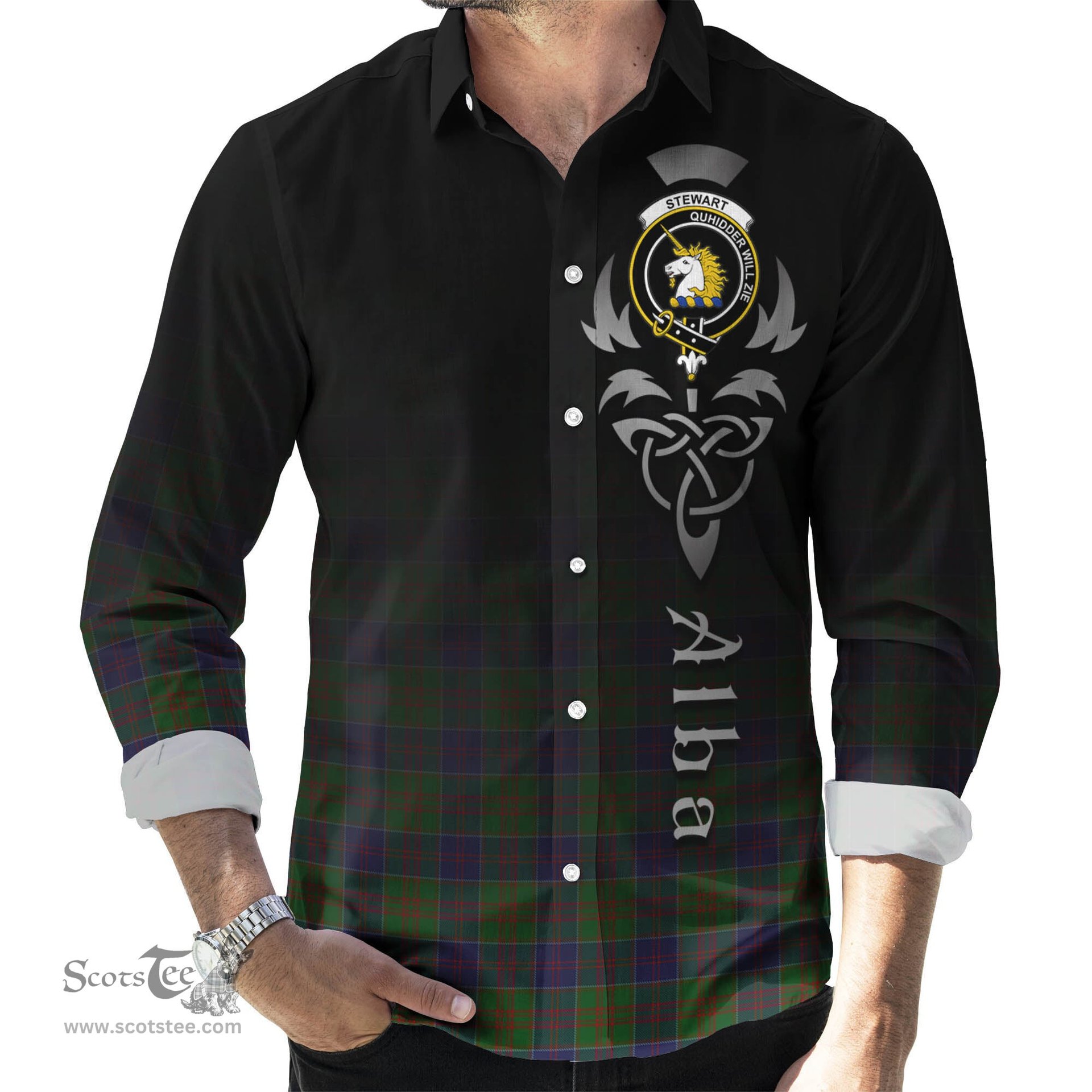 ScotsTee Shop Scottish Stewart of Appin Hunting Clan Crest Tartan Alba Gu Brath Celtic Inspired Tartan Long Sleeve Shirt
