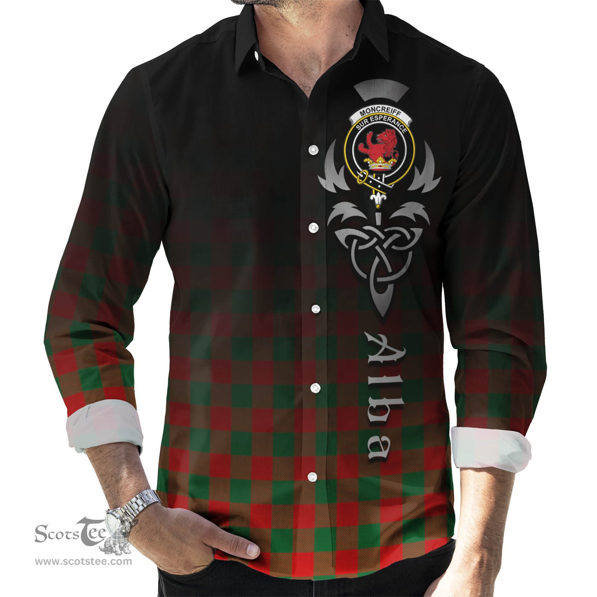 ScotsTee Shop Scottish Moncrieff Modern Clan Crest Tartan Alba Gu Brath Celtic Inspired Tartan Long Sleeve Shirt
