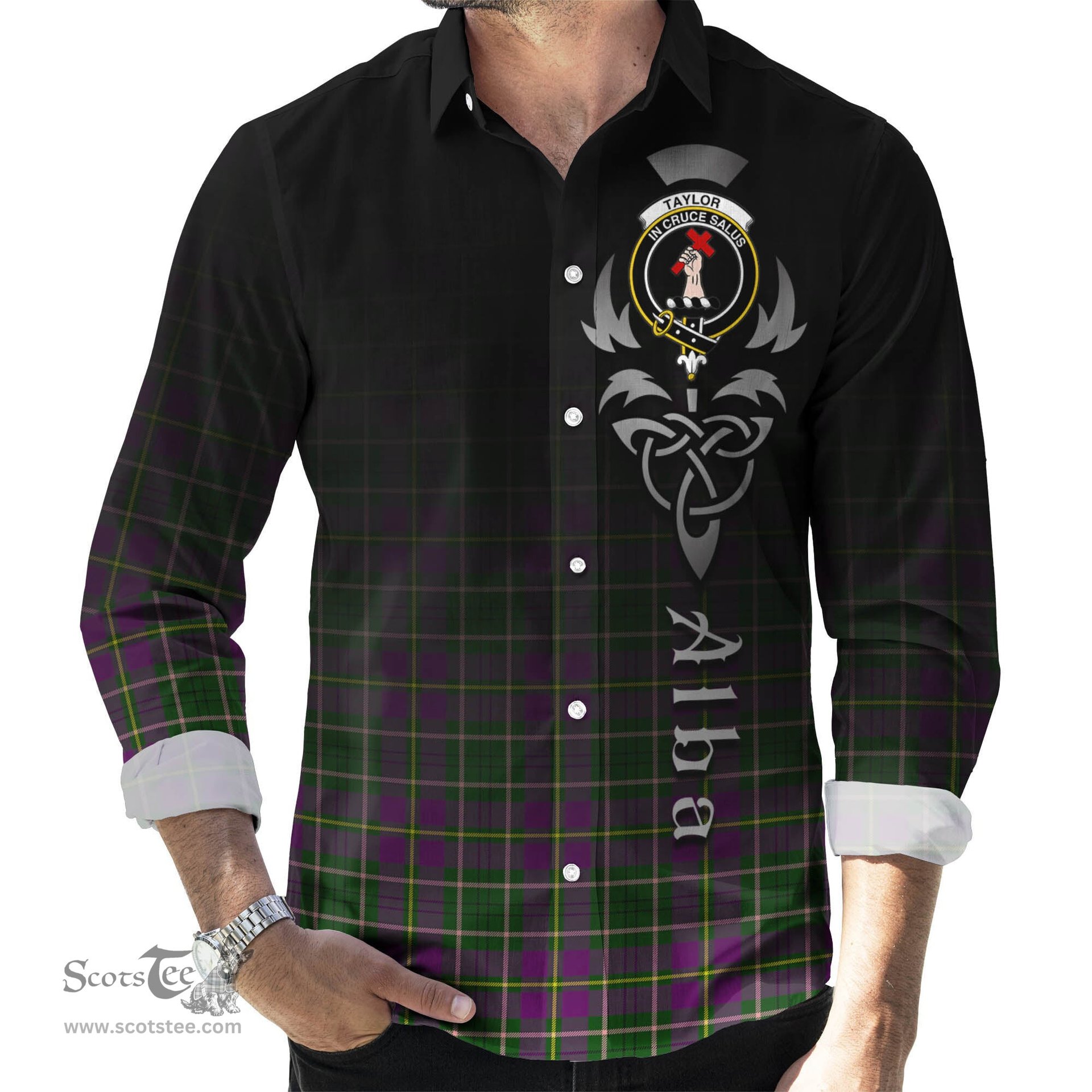 ScotsTee Shop Scottish Taylor Clan Crest Tartan Alba Gu Brath Celtic Inspired Tartan Long Sleeve Shirt
