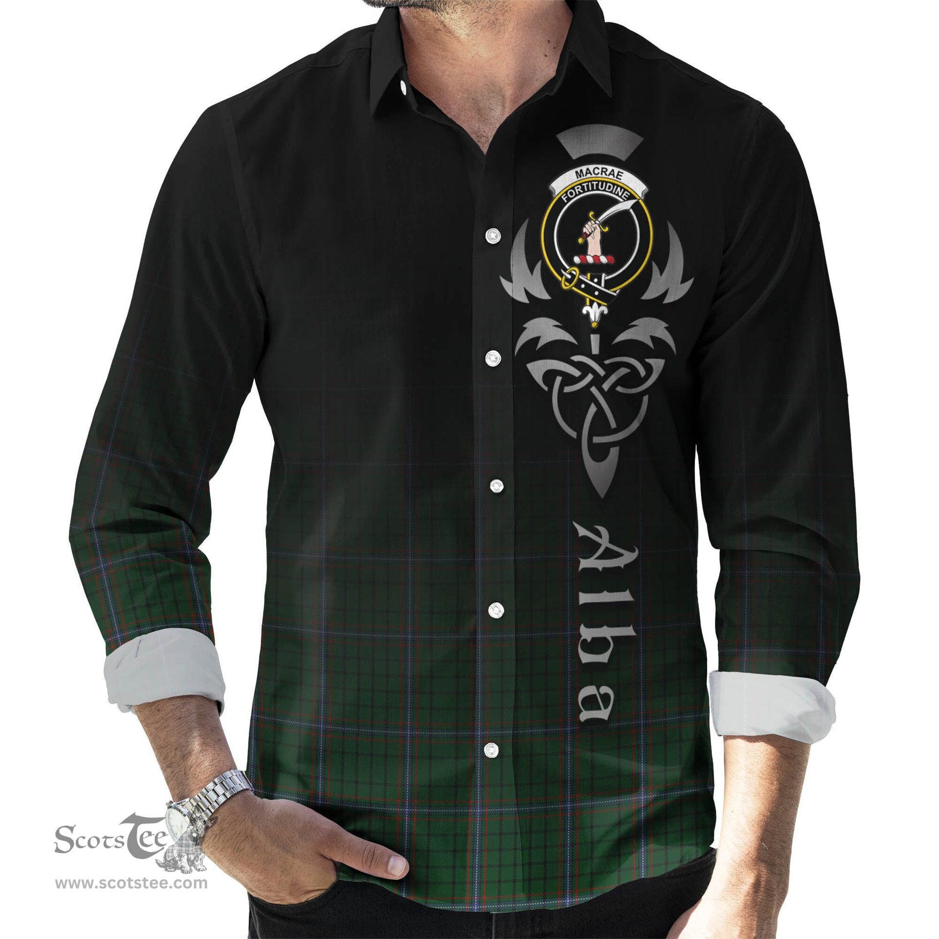 ScotsTee Shop Scottish MacRae Clan Crest Tartan Alba Gu Brath Celtic Inspired Tartan Long Sleeve Shirt