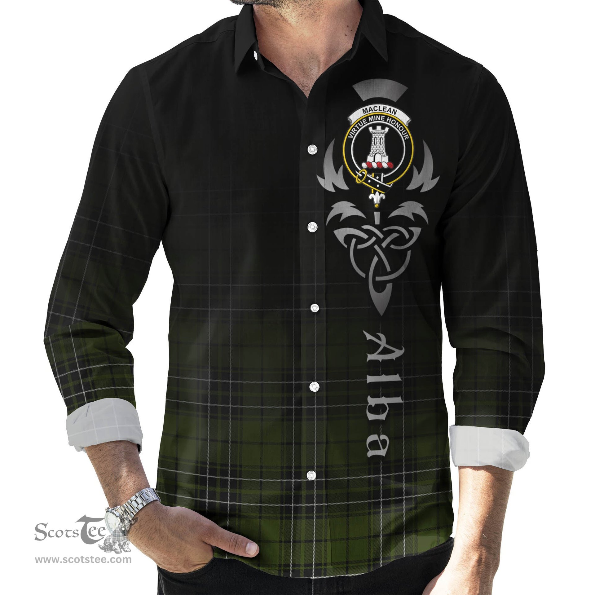 ScotsTee Shop Scottish MacLean Hunting Clan Crest Tartan Alba Gu Brath Celtic Inspired Tartan Long Sleeve Shirt