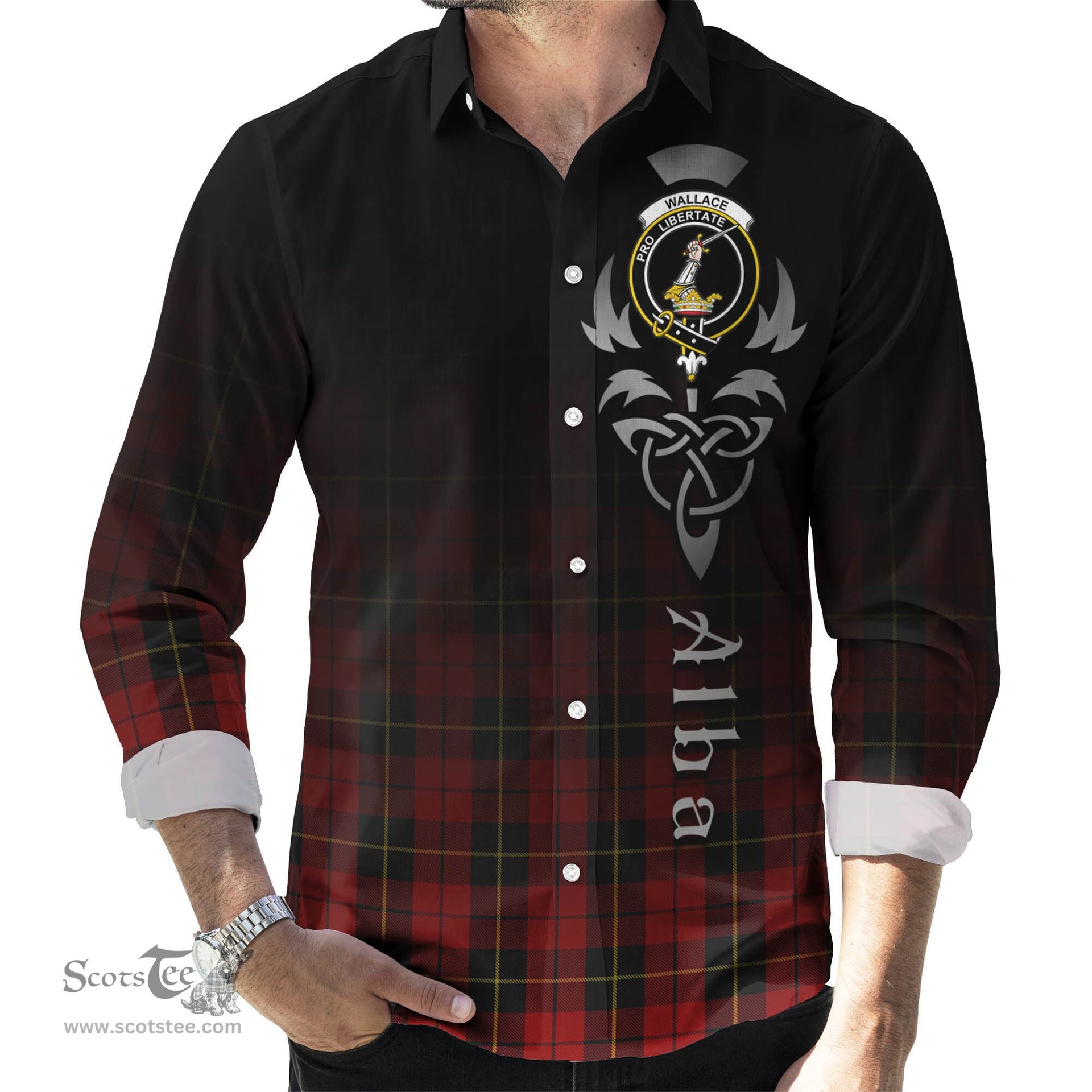 ScotsTee Shop Scottish Wallace Clan Crest Tartan Alba Gu Brath Celtic Inspired Tartan Long Sleeve Shirt