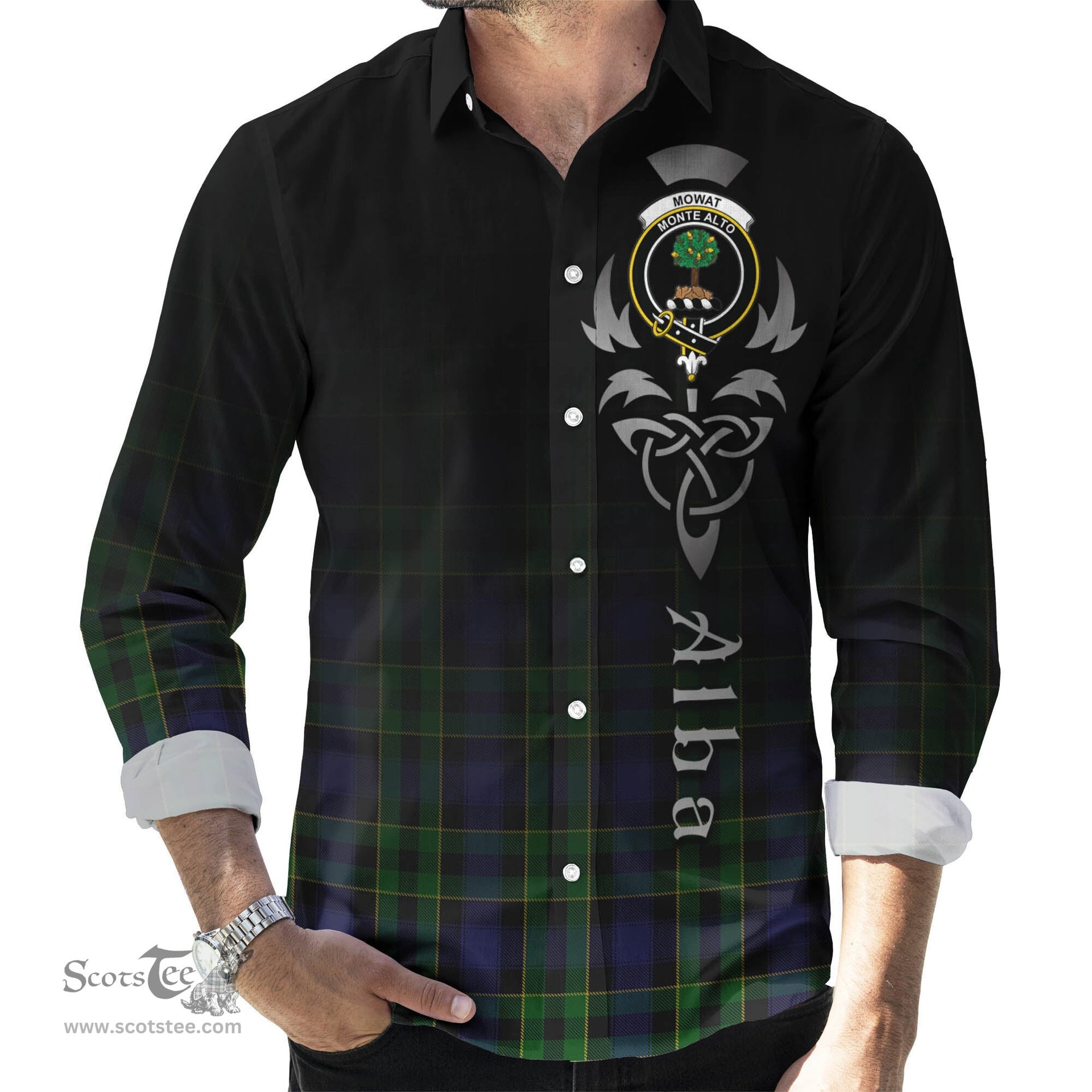 ScotsTee Shop Scottish Mowat Clan Crest Tartan Alba Gu Brath Celtic Inspired Tartan Long Sleeve Shirt