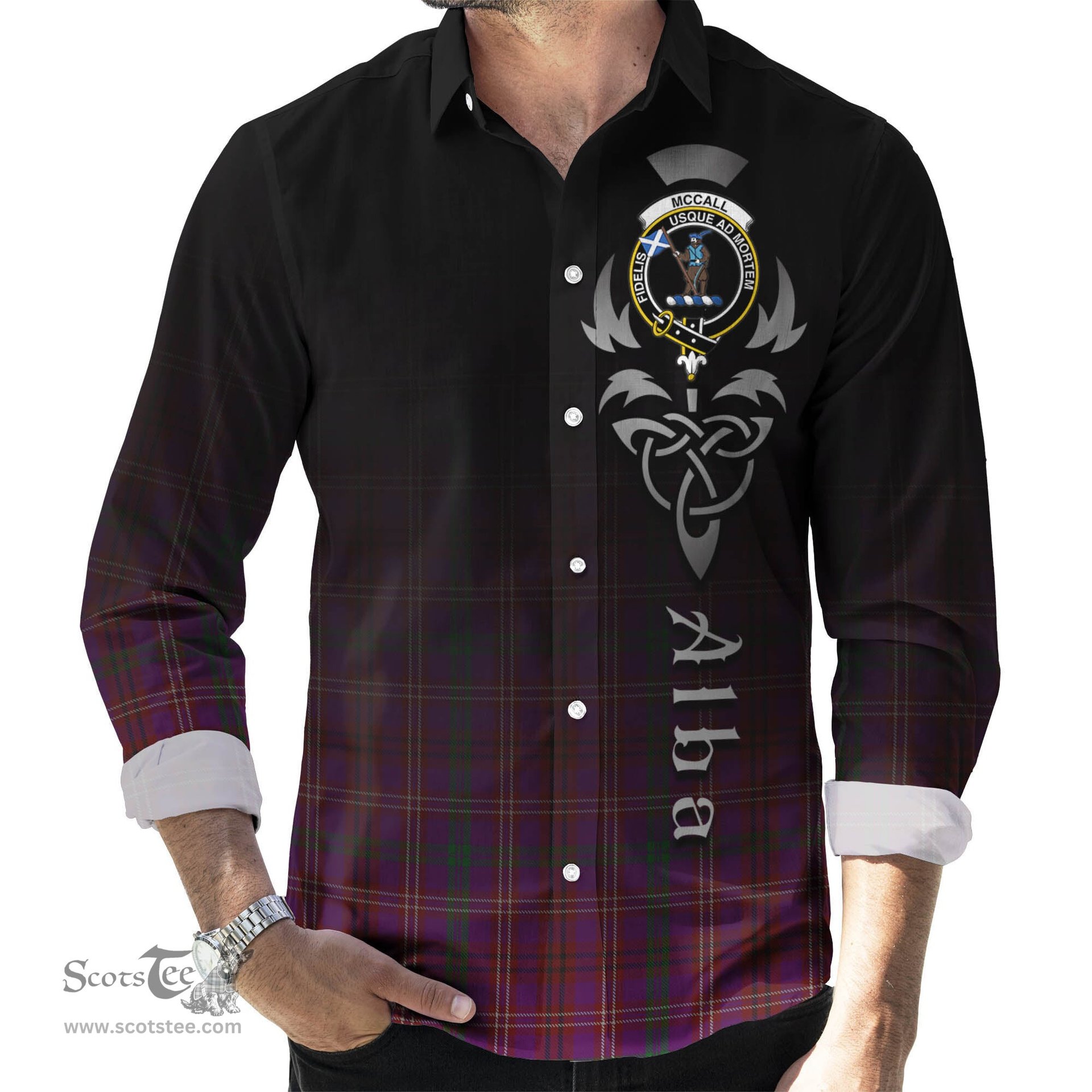 ScotsTee Shop Scottish McCall (Caithness) Clan Crest Tartan Alba Gu Brath Celtic Inspired Tartan Long Sleeve Shirt