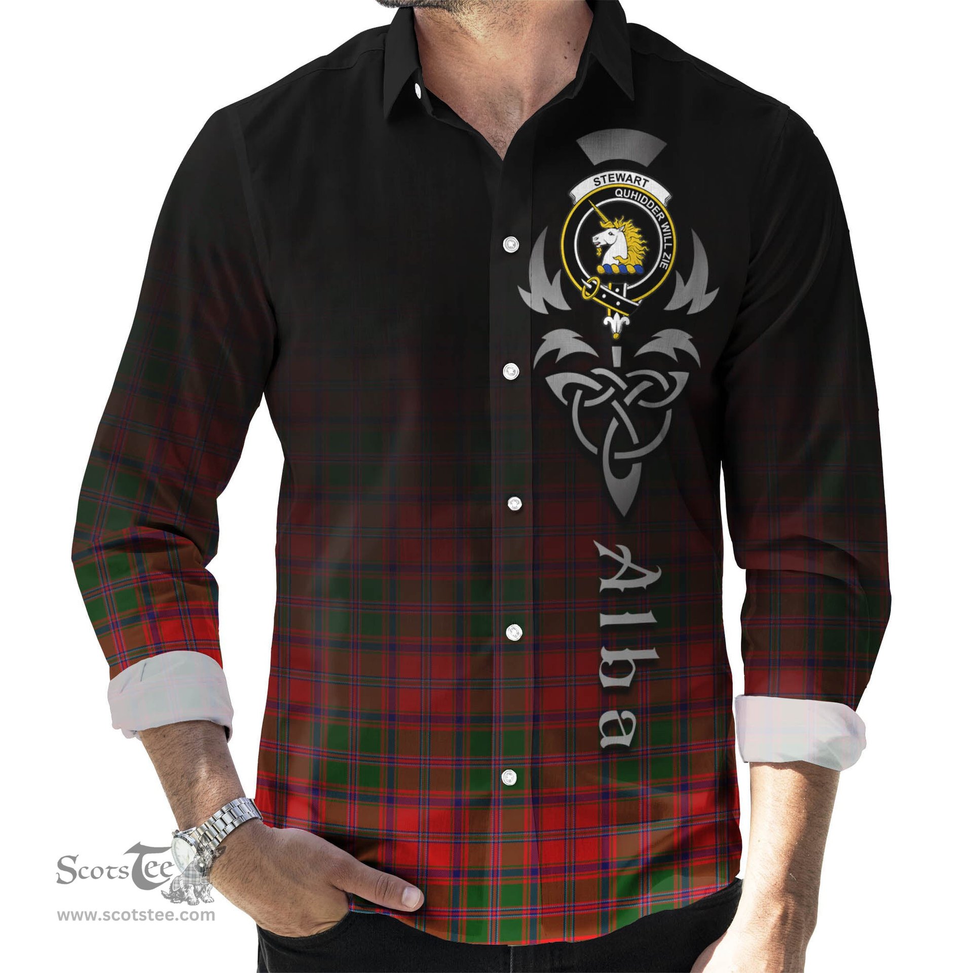 ScotsTee Shop Scottish Stewart of Appin Modern Clan Crest Tartan Alba Gu Brath Celtic Inspired Tartan Long Sleeve Shirt