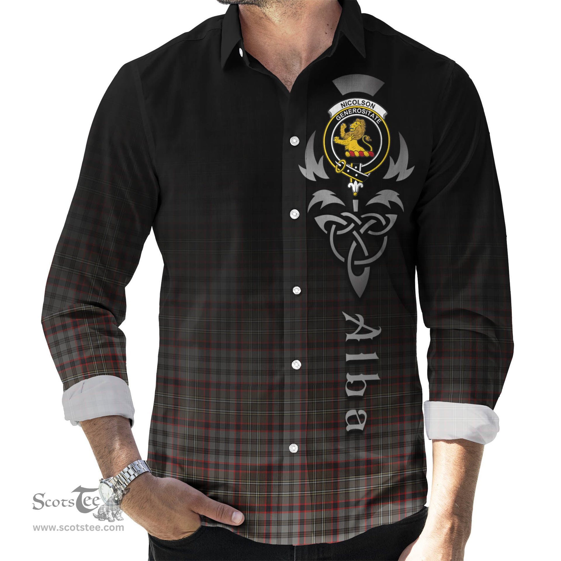 ScotsTee Shop Scottish Nicolson Hunting Weathered Clan Crest Tartan Alba Gu Brath Celtic Inspired Tartan Long Sleeve Shirt
