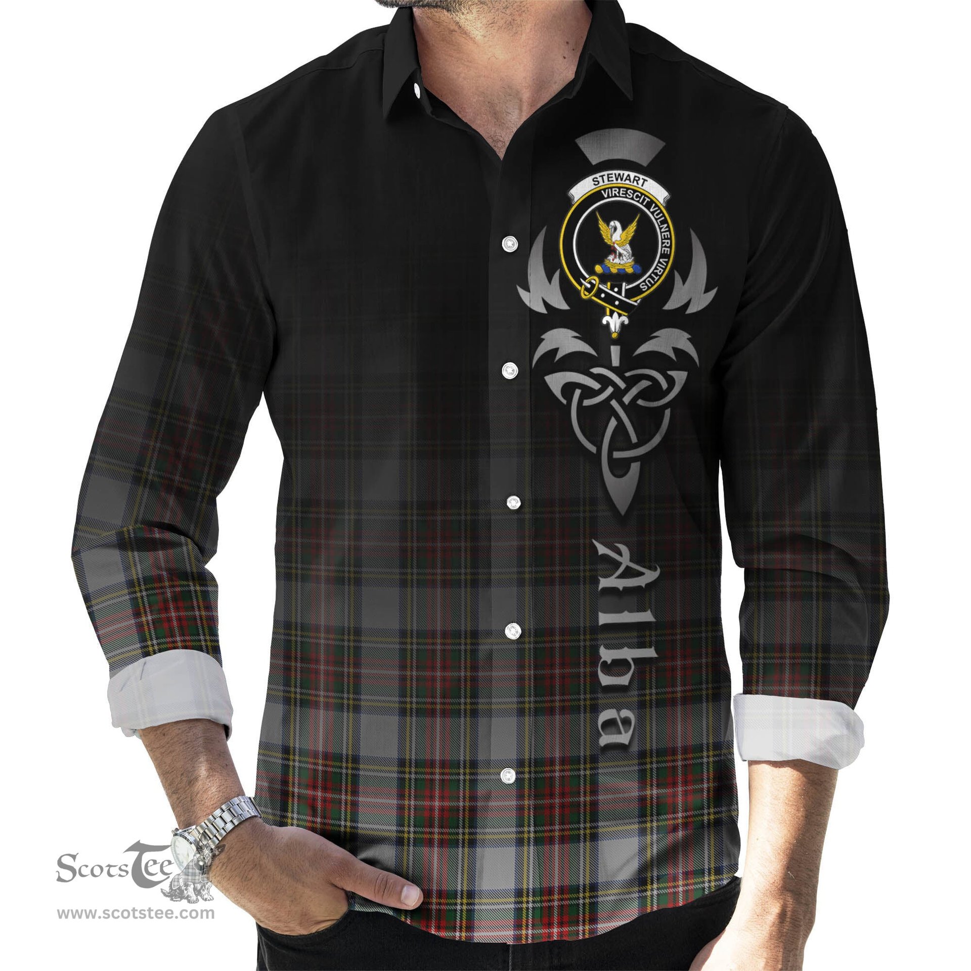 ScotsTee Shop Scottish Stewart Dress Clan Crest Tartan Alba Gu Brath Celtic Inspired Tartan Long Sleeve Shirt