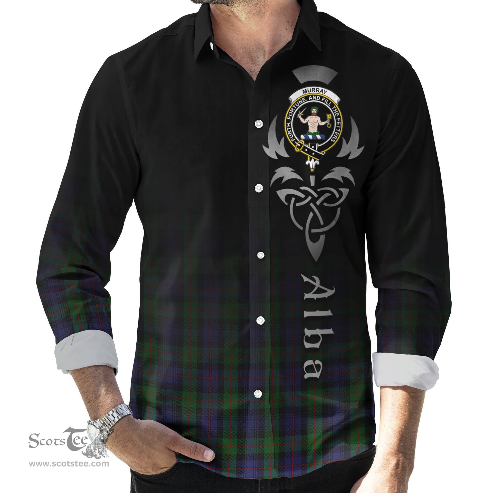 ScotsTee Shop Scottish Murray of Atholl Clan Crest Tartan Alba Gu Brath Celtic Inspired Tartan Long Sleeve Shirt