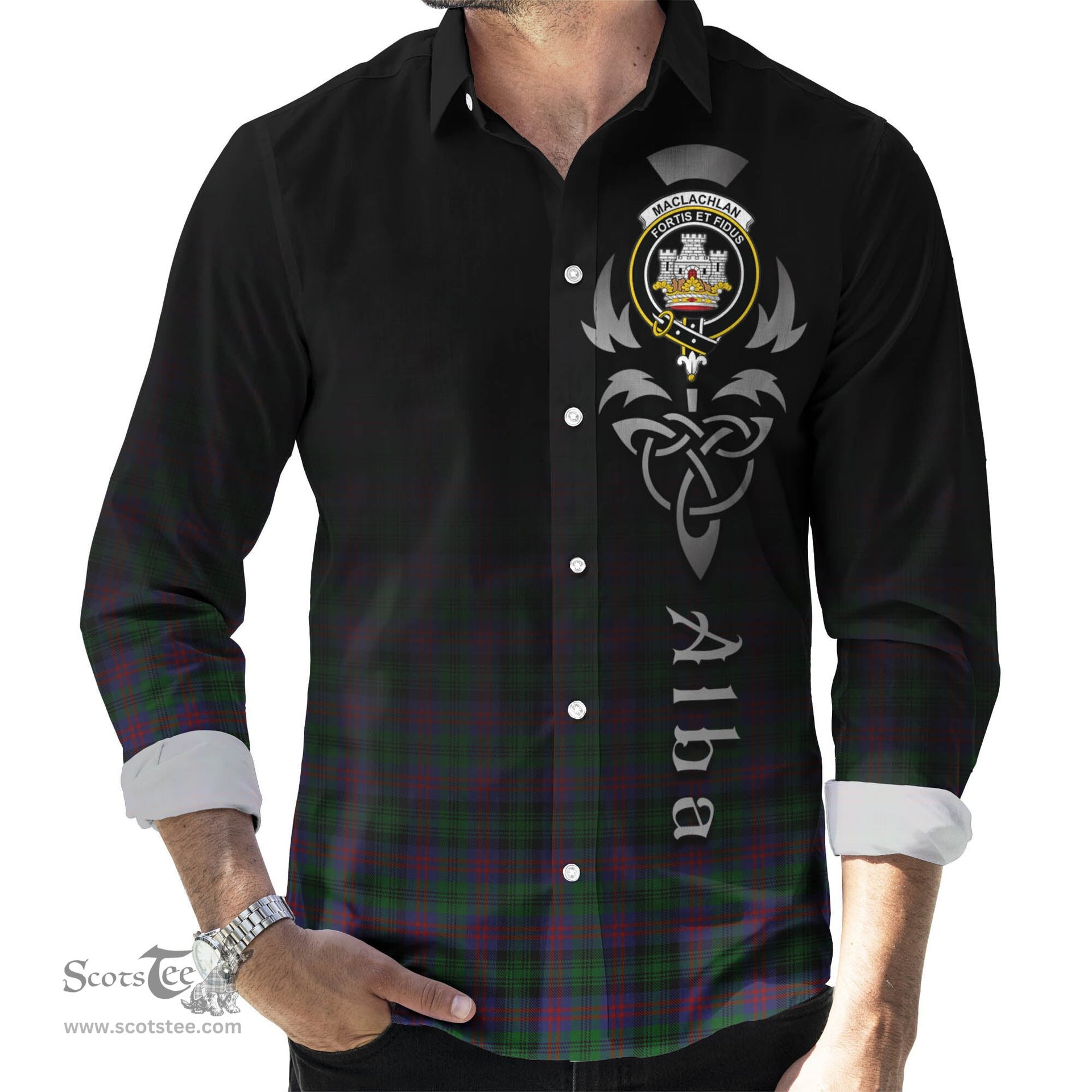 ScotsTee Shop Scottish MacLachlan Hunting Clan Crest Tartan Alba Gu Brath Celtic Inspired Tartan Long Sleeve Shirt