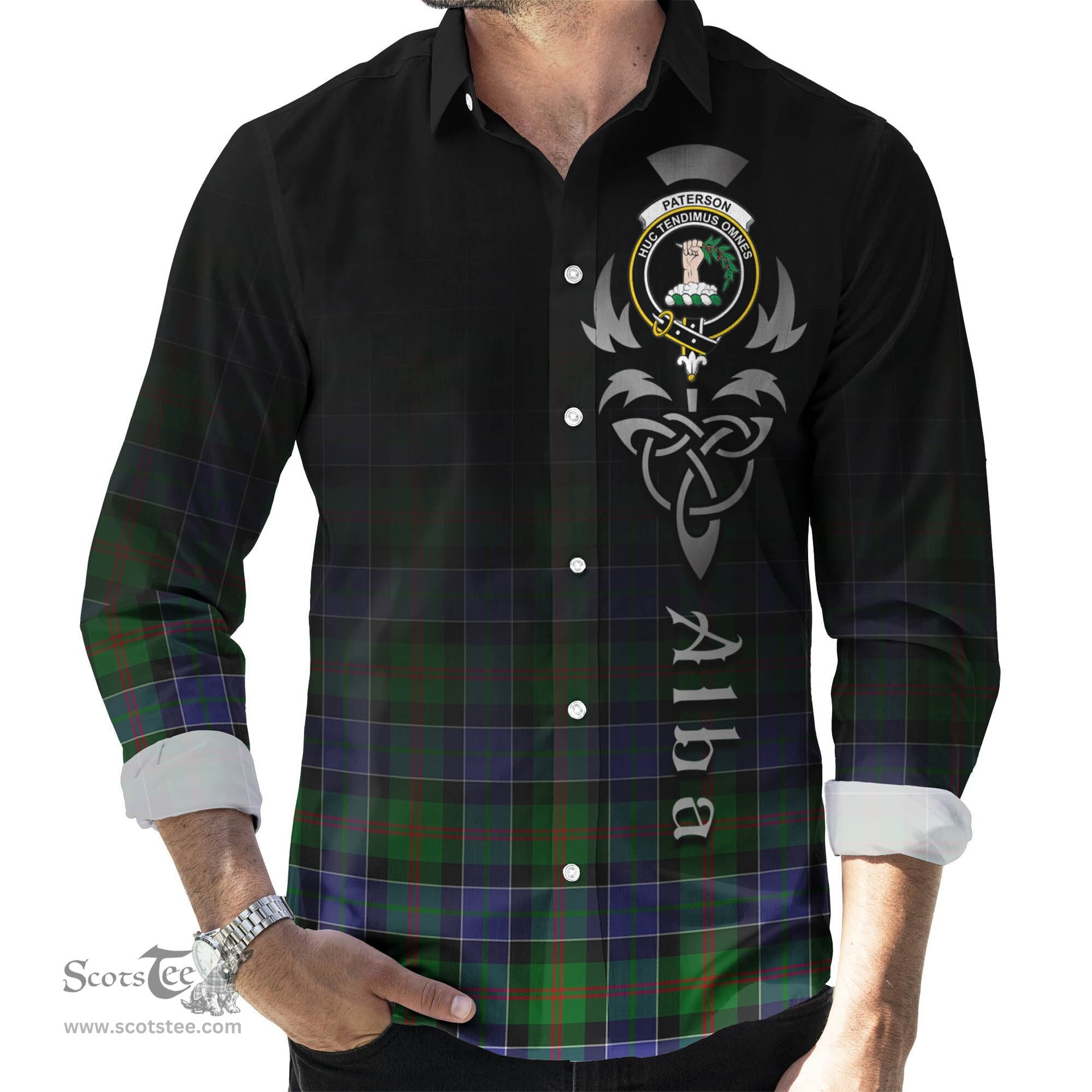 ScotsTee Shop Scottish Paterson Clan Crest Tartan Alba Gu Brath Celtic Inspired Tartan Long Sleeve Shirt