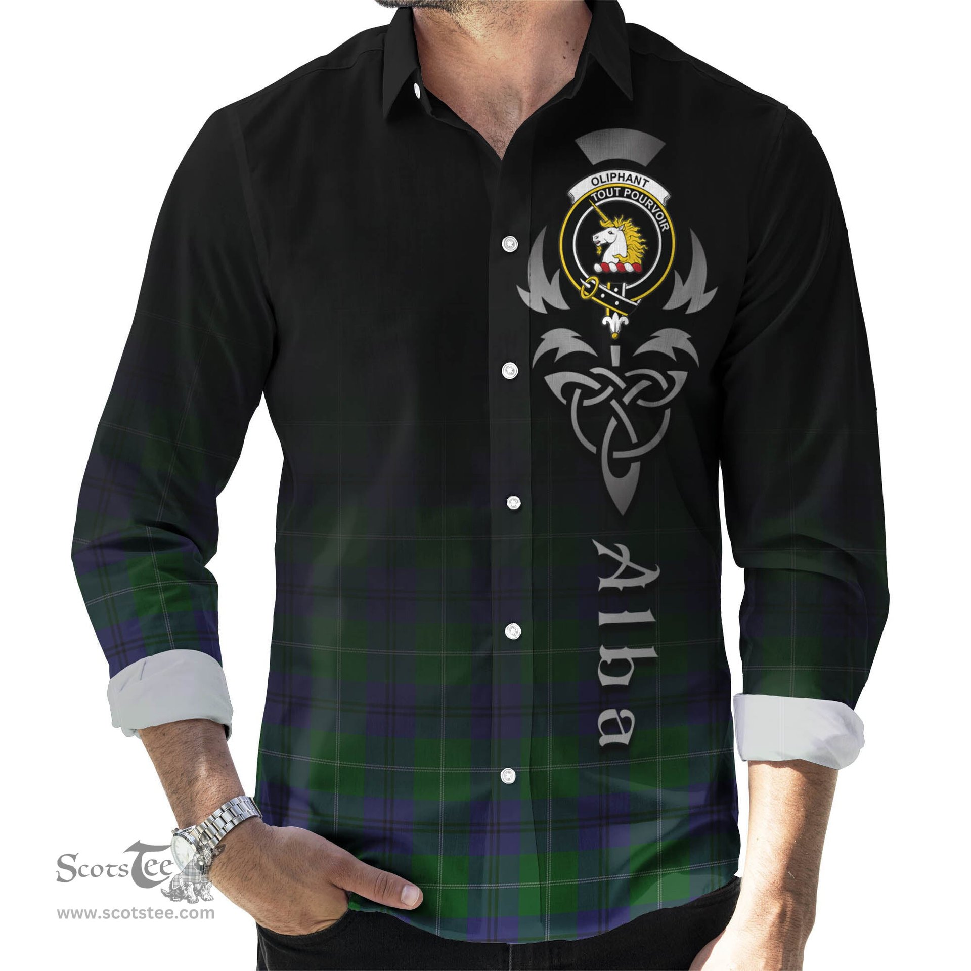 ScotsTee Shop Scottish Oliphant Clan Crest Tartan Alba Gu Brath Celtic Inspired Tartan Long Sleeve Shirt