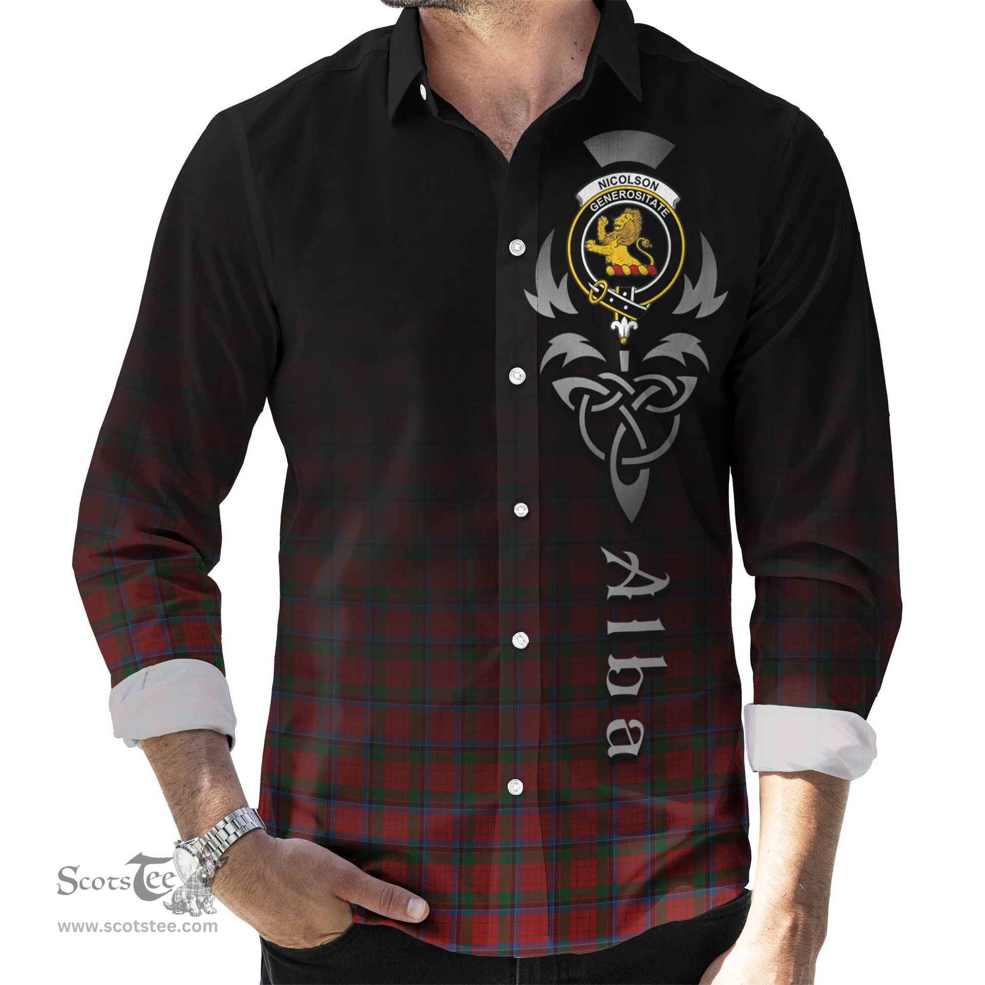 ScotsTee Shop Scottish Nicolson Clan Crest Tartan Alba Gu Brath Celtic Inspired Tartan Long Sleeve Shirt