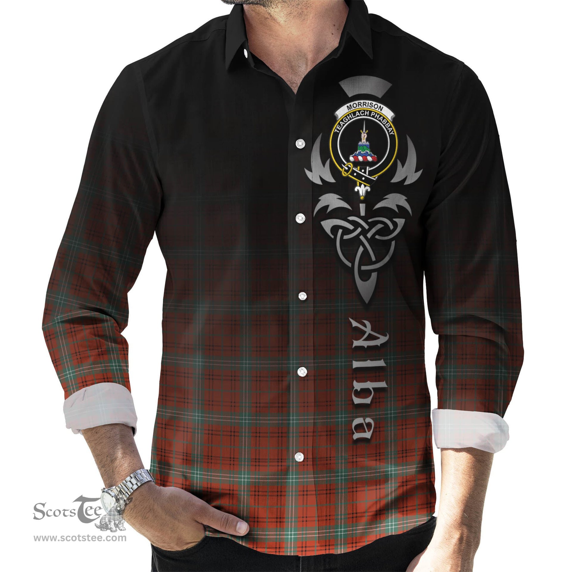 ScotsTee Shop Scottish Morrison Red Ancient Clan Crest Tartan Alba Gu Brath Celtic Inspired Tartan Long Sleeve Shirt