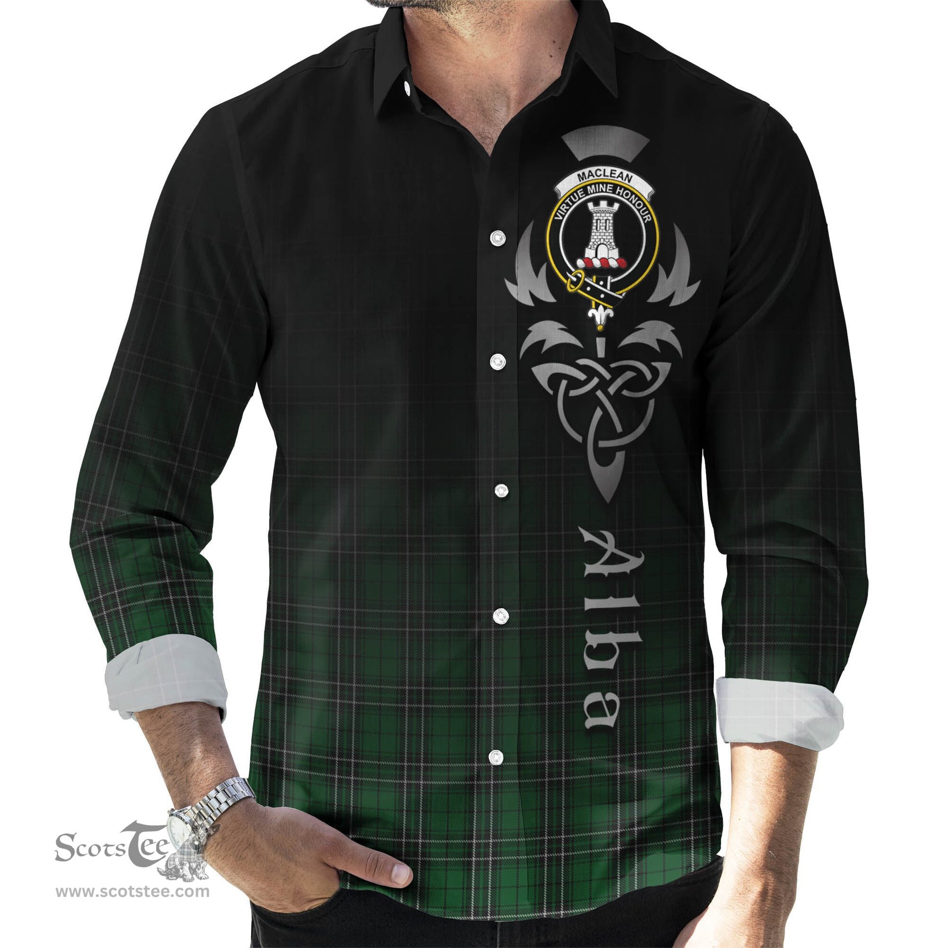 ScotsTee Shop Scottish MacLean of Duart Hunting Clan Crest Tartan Alba Gu Brath Celtic Inspired Tartan Long Sleeve Shirt