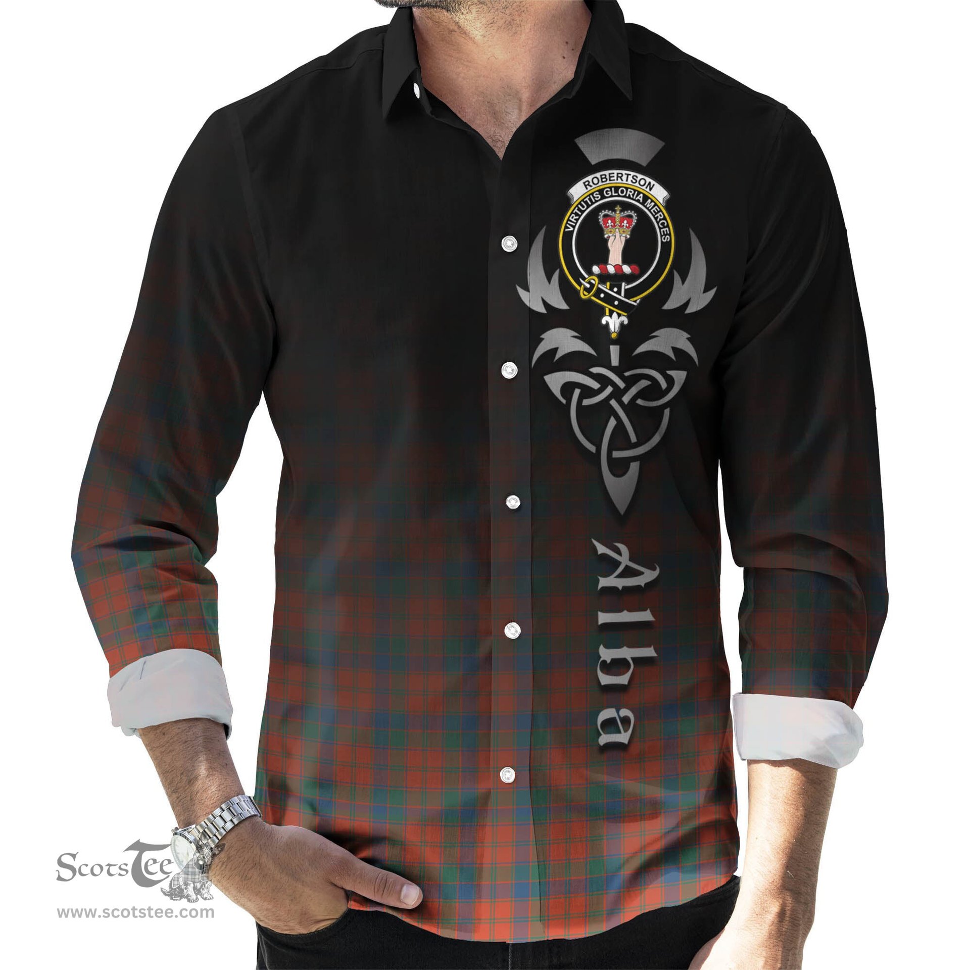 ScotsTee Shop Scottish Robertson Ancient Clan Crest Tartan Alba Gu Brath Celtic Inspired Tartan Long Sleeve Shirt