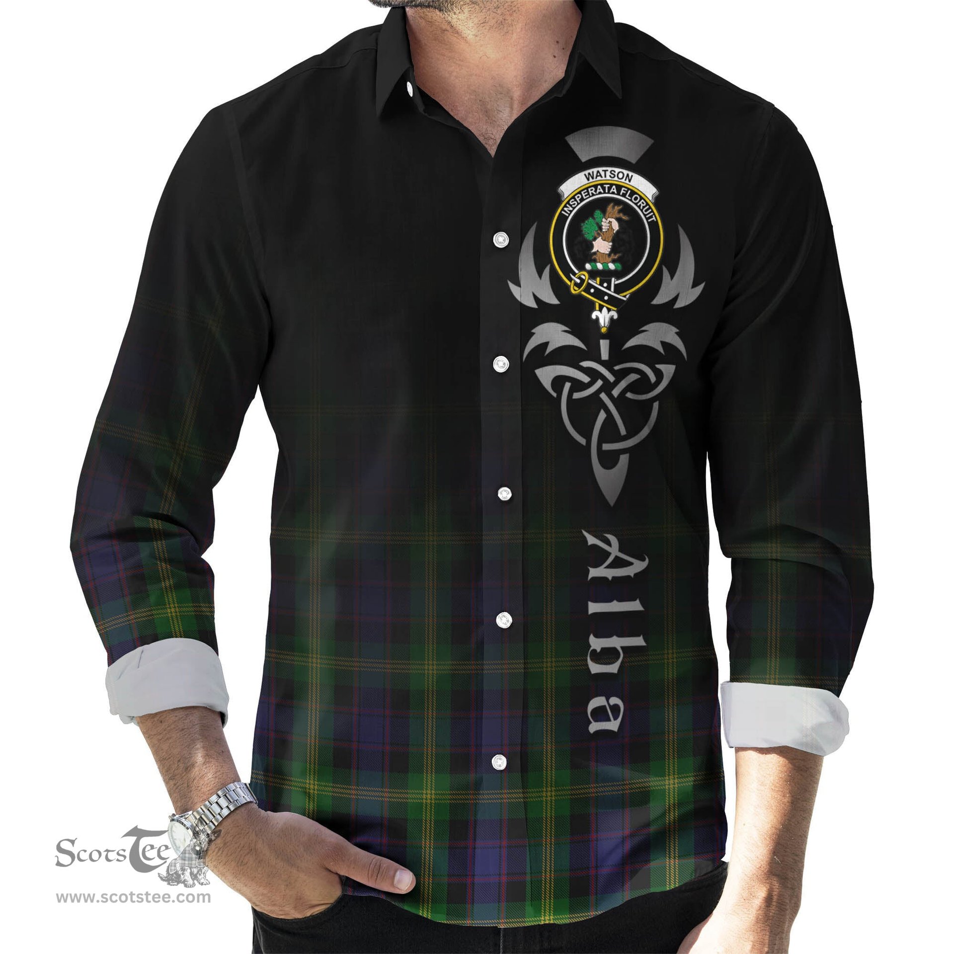 ScotsTee Shop Scottish Watson Clan Crest Tartan Alba Gu Brath Celtic Inspired Tartan Long Sleeve Shirt