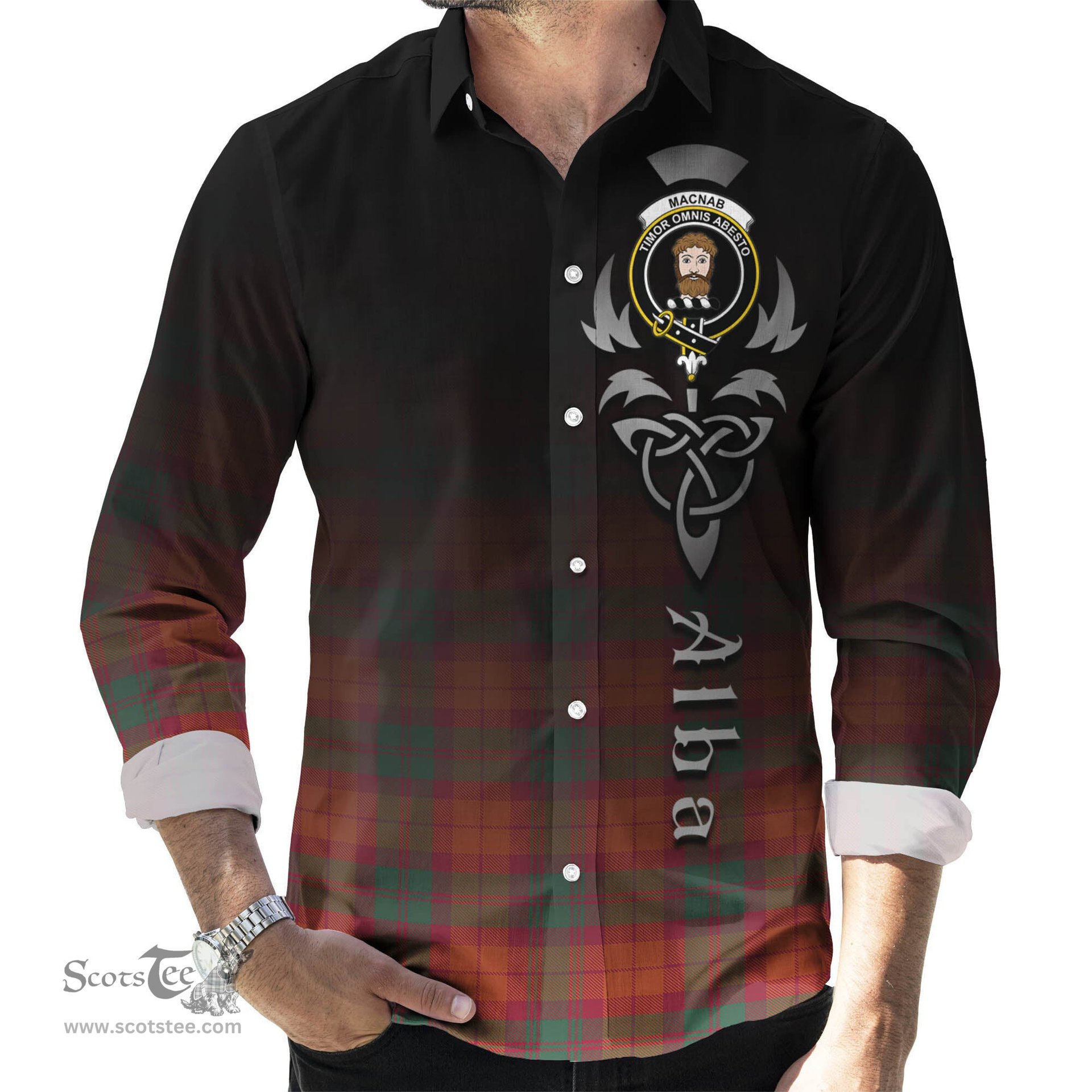 ScotsTee Shop Scottish MacNab Ancient Clan Crest Tartan Alba Gu Brath Celtic Inspired Tartan Long Sleeve Shirt