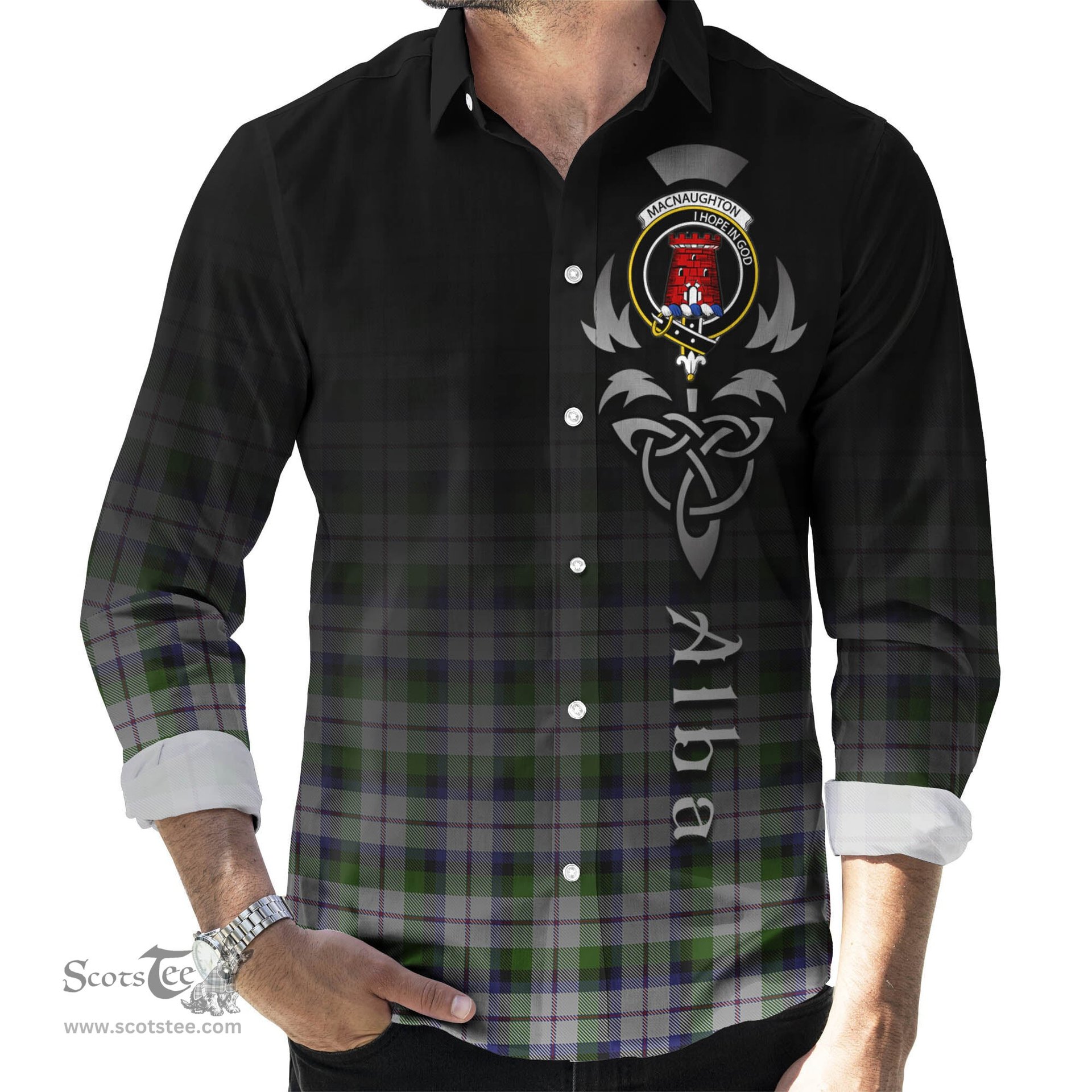 ScotsTee Shop Scottish MacNaughton Dress Clan Crest Tartan Alba Gu Brath Celtic Inspired Tartan Long Sleeve Shirt