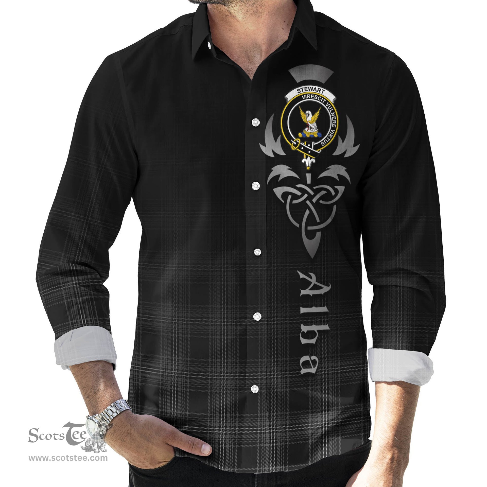 ScotsTee Shop Scottish Stewart Mourning Clan Crest Tartan Alba Gu Brath Celtic Inspired Tartan Long Sleeve Shirt
