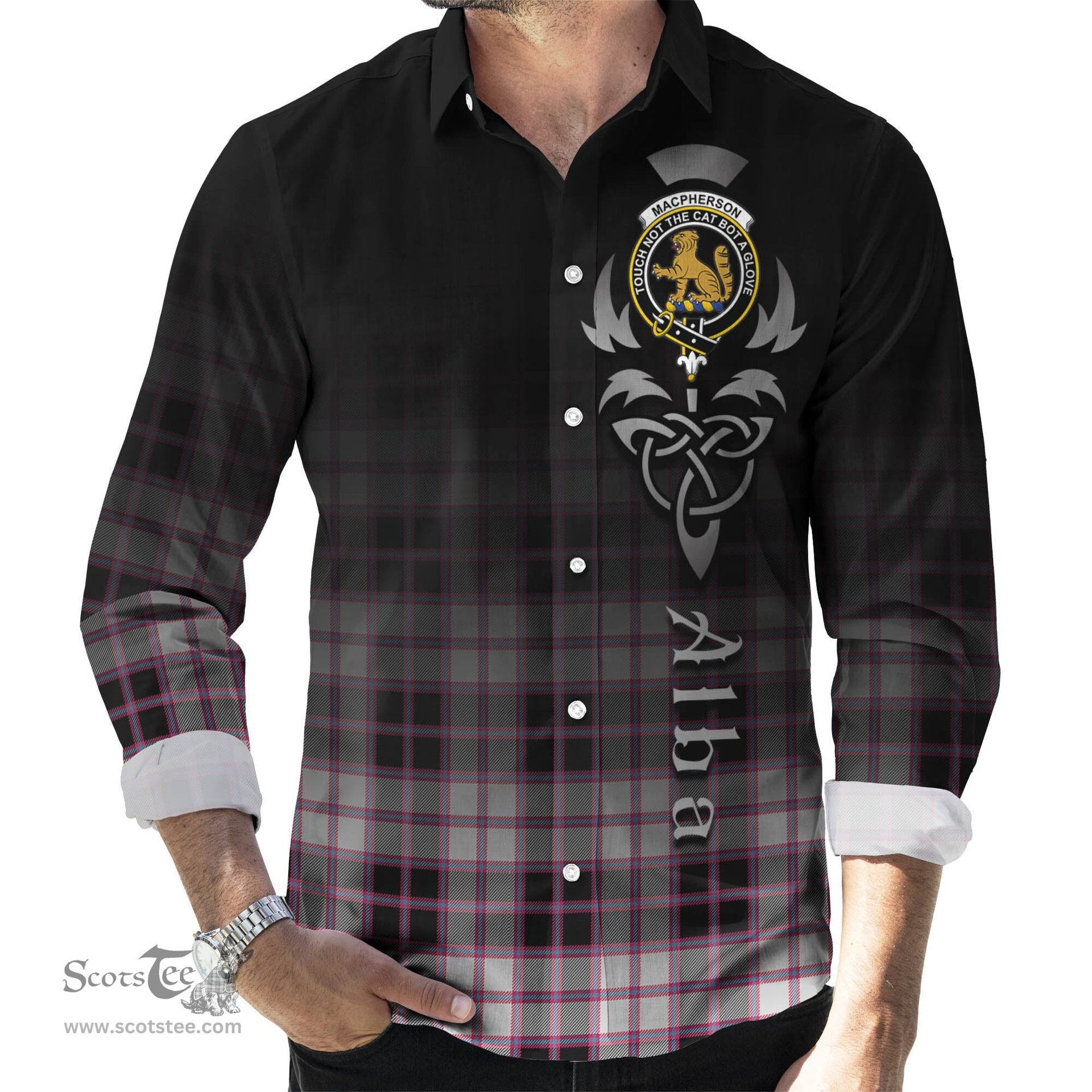 ScotsTee Shop Scottish MacPherson Hunting Modern Clan Crest Tartan Alba Gu Brath Celtic Inspired Tartan Long Sleeve Shirt
