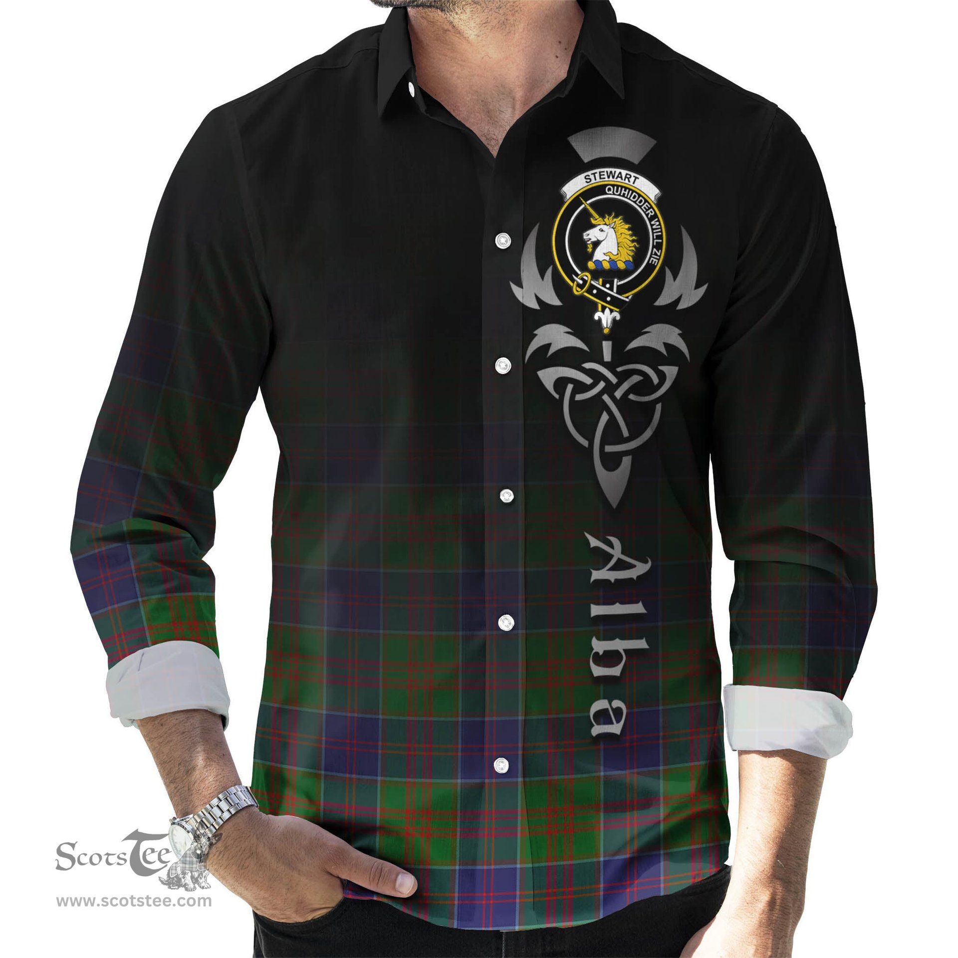 ScotsTee Shop Scottish Stewart of Appin Hunting Modern Clan Crest Tartan Alba Gu Brath Celtic Inspired Tartan Long Sleeve Shirt