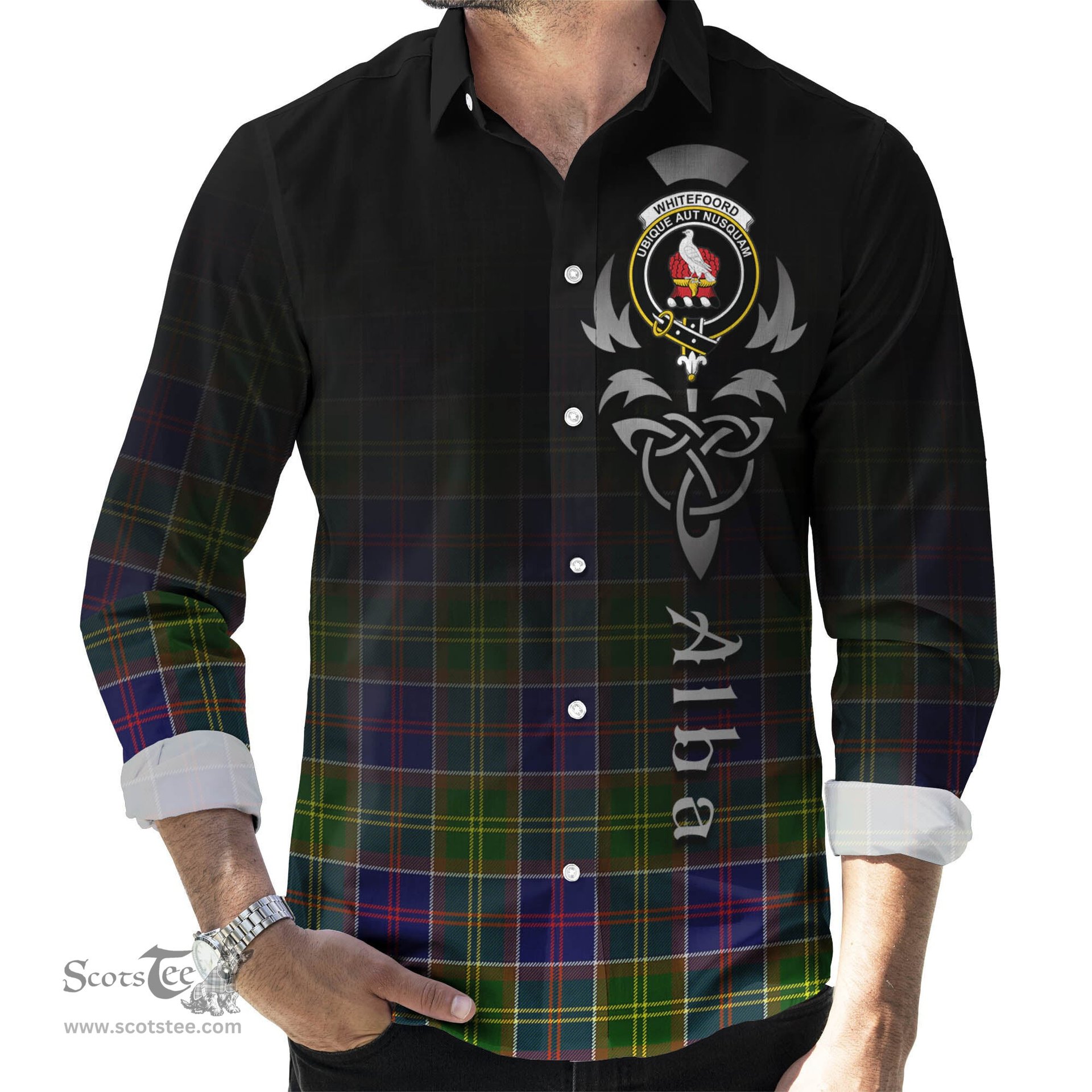 ScotsTee Shop Scottish Whitefoord Modern Clan Crest Tartan Alba Gu Brath Celtic Inspired Tartan Long Sleeve Shirt