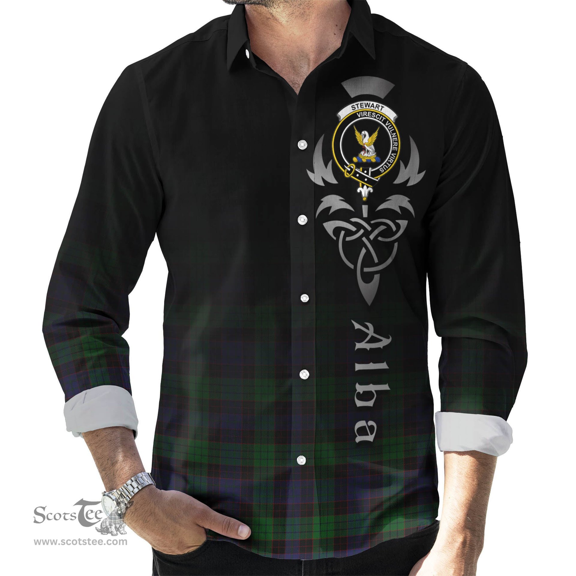 ScotsTee Shop Scottish Stewart Old Clan Crest Tartan Alba Gu Brath Celtic Inspired Tartan Long Sleeve Shirt