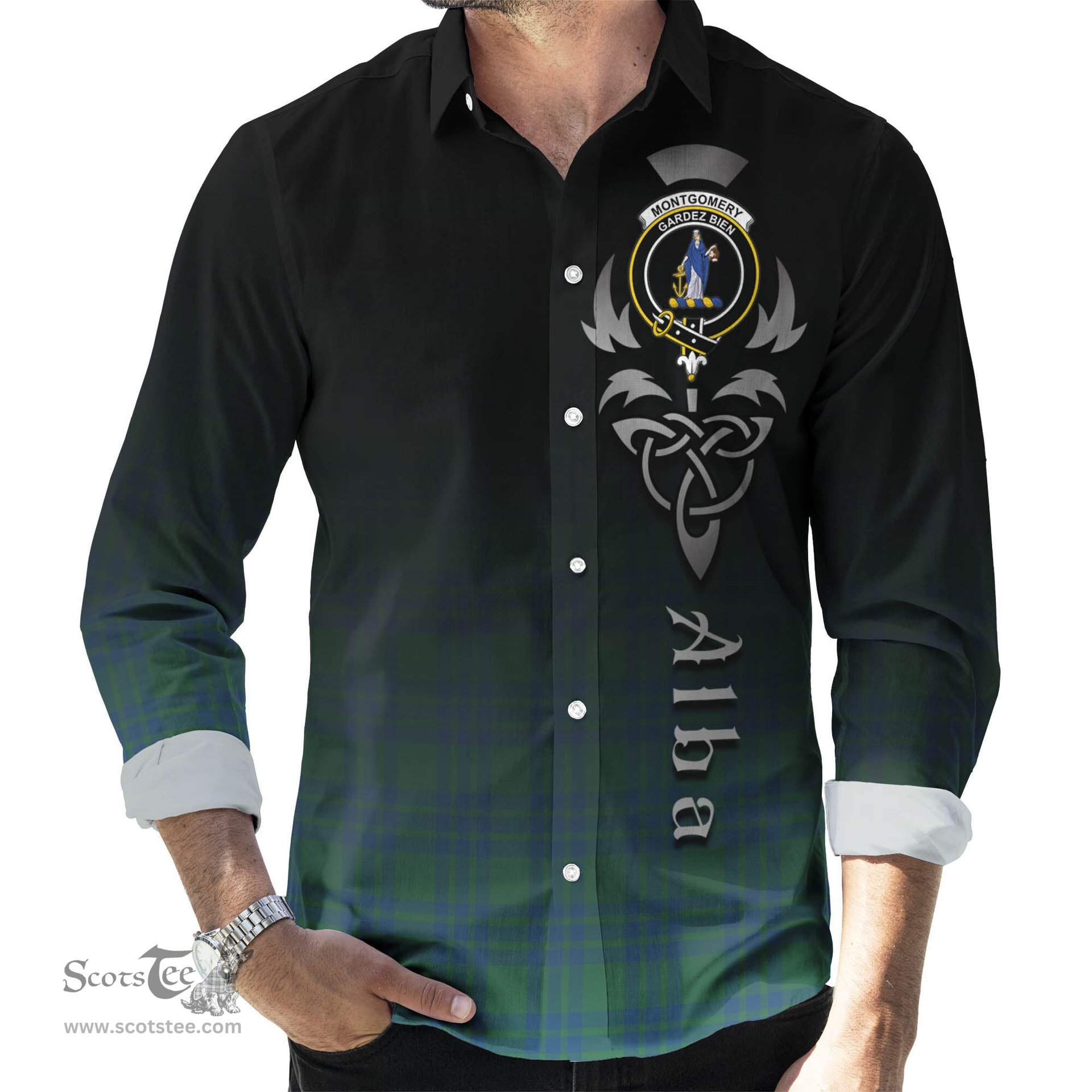 ScotsTee Shop Scottish Montgomery Ancient Clan Crest Tartan Alba Gu Brath Celtic Inspired Tartan Long Sleeve Shirt