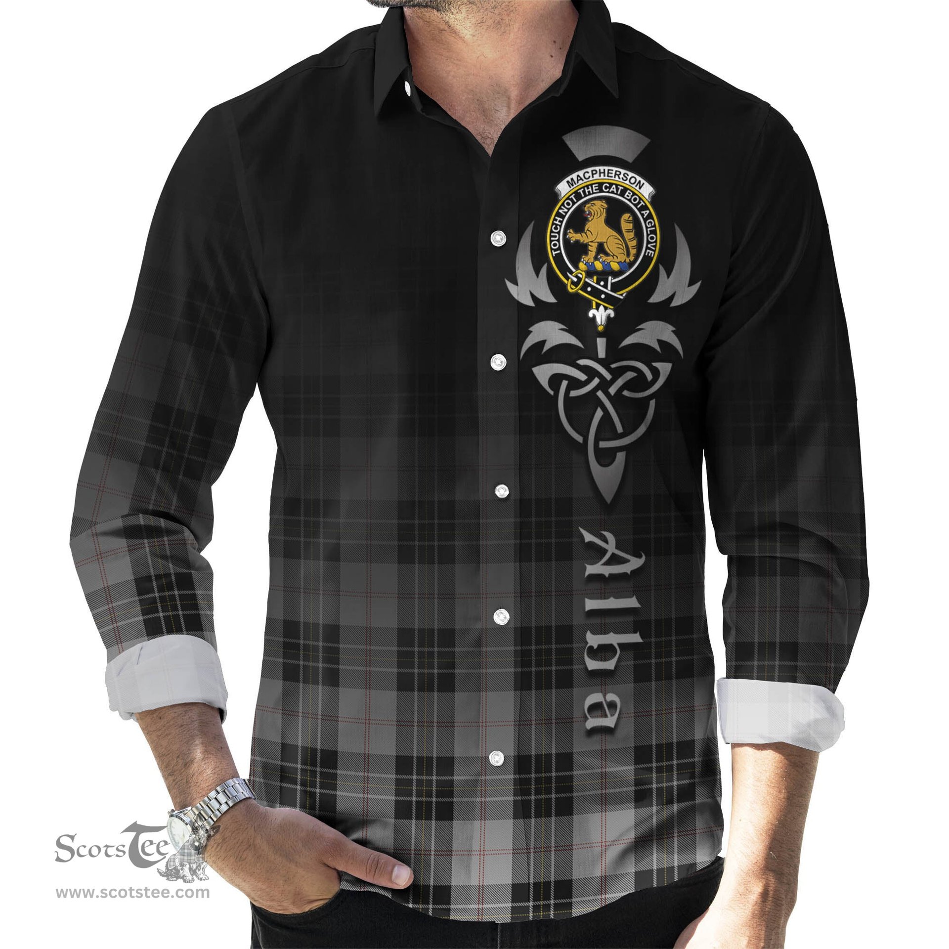 ScotsTee Shop Scottish MacPherson Dress Clan Crest Tartan Alba Gu Brath Celtic Inspired Tartan Long Sleeve Shirt
