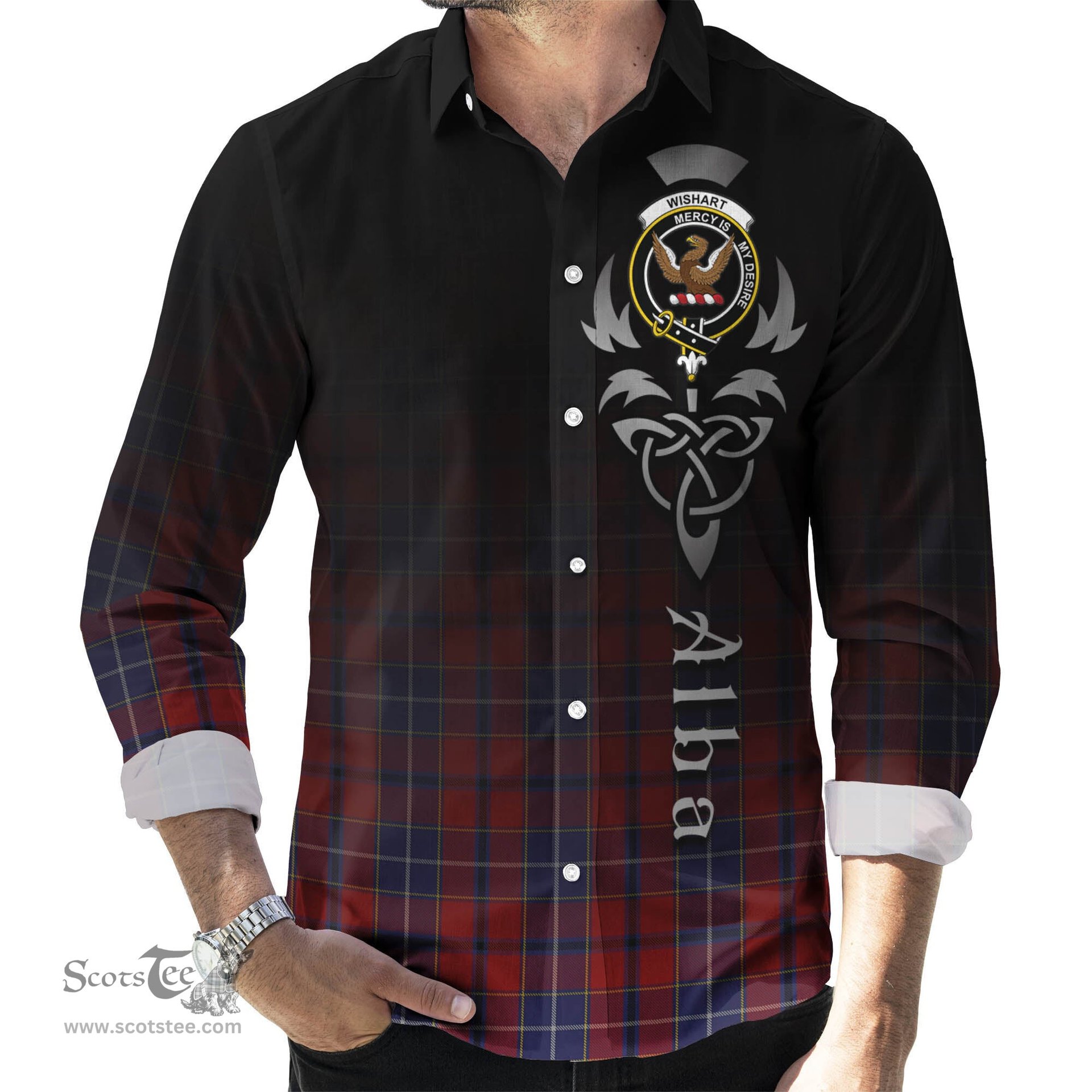 ScotsTee Shop Scottish Wishart Dress Clan Crest Tartan Alba Gu Brath Celtic Inspired Tartan Long Sleeve Shirt