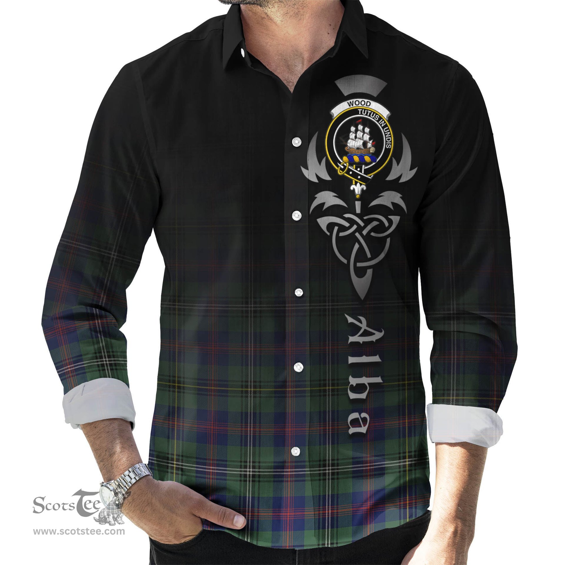 ScotsTee Shop Scottish Wood Modern Clan Crest Tartan Alba Gu Brath Celtic Inspired Tartan Long Sleeve Shirt