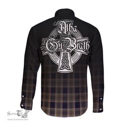 ScotsTee Shop Scottish Stewart Navy Clan Crest Tartan Alba Gu Brath Celtic Inspired Tartan Long Sleeve Shirt