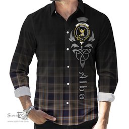 ScotsTee Shop Scottish Stewart Navy Clan Crest Tartan Alba Gu Brath Celtic Inspired Tartan Long Sleeve Shirt