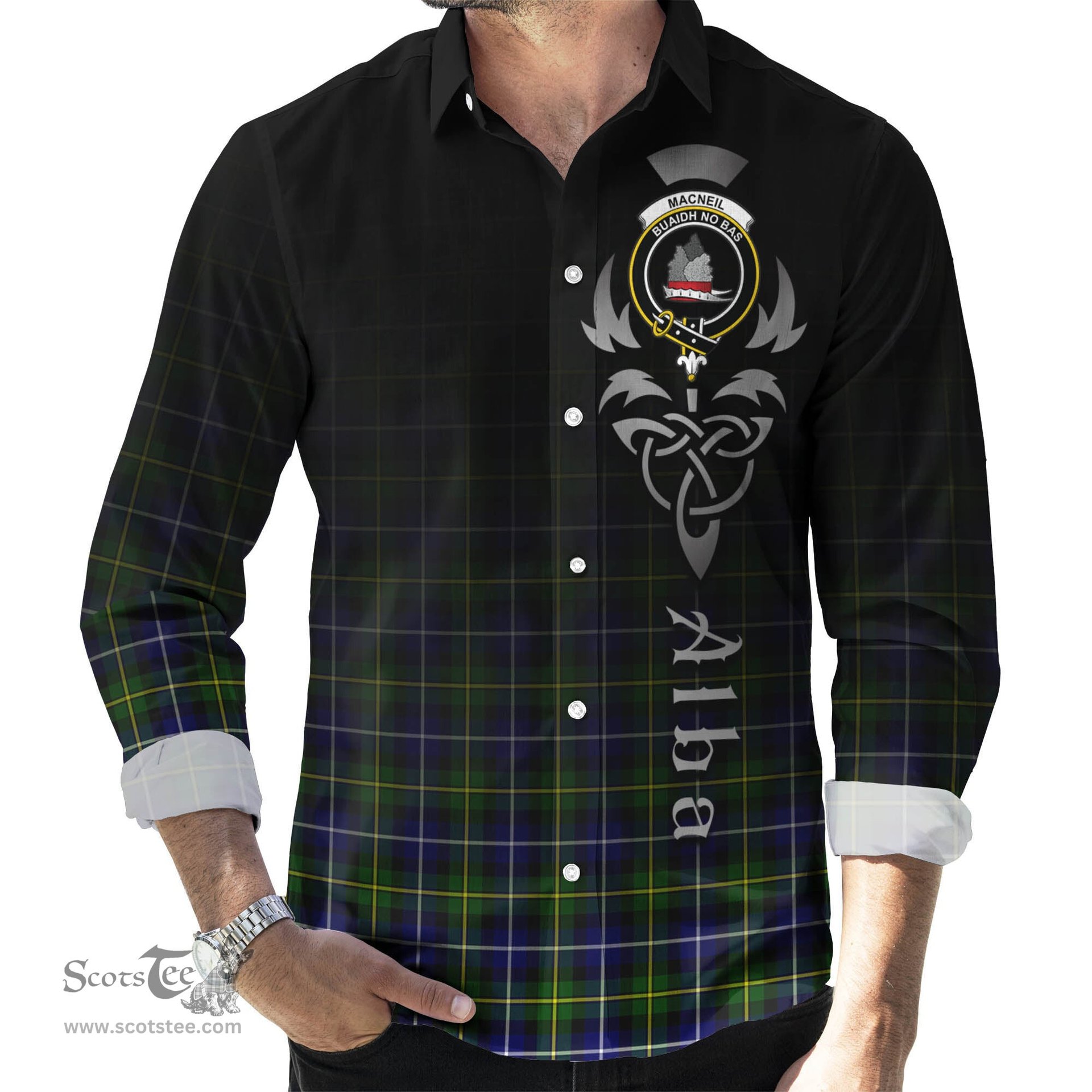 ScotsTee Shop Scottish MacNeil of Barra Modern Clan Crest Tartan Alba Gu Brath Celtic Inspired Tartan Long Sleeve Shirt